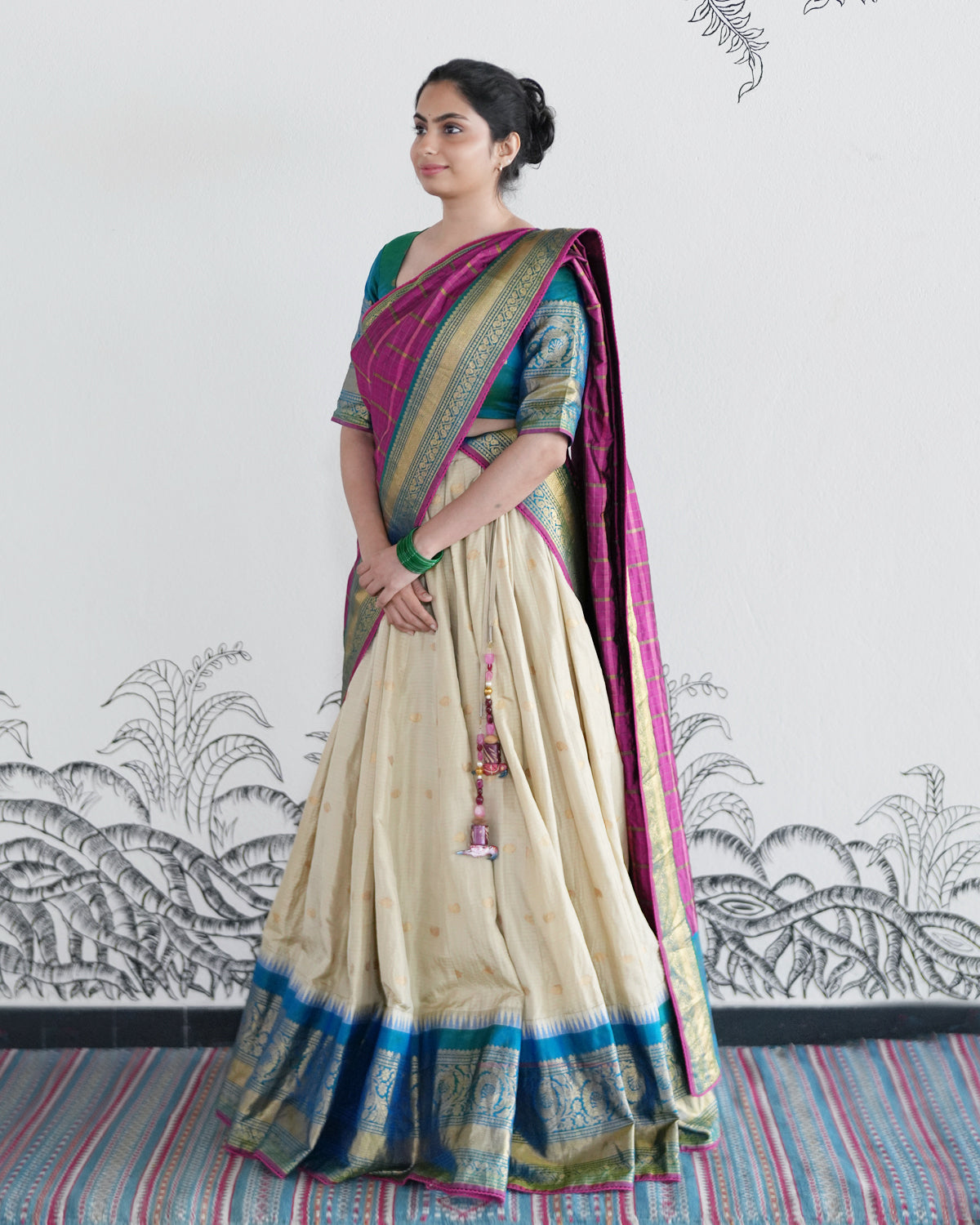 Beige Handwoven Gadwal Silk Lehenga