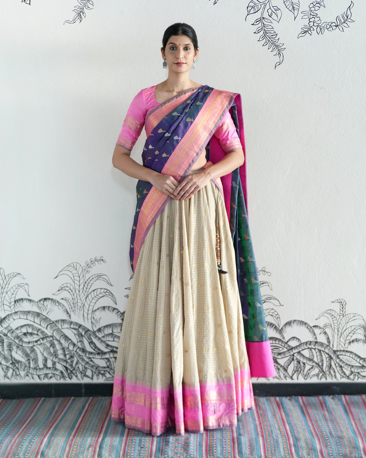 Beige Handwoven Gadwal Silk Lehenga