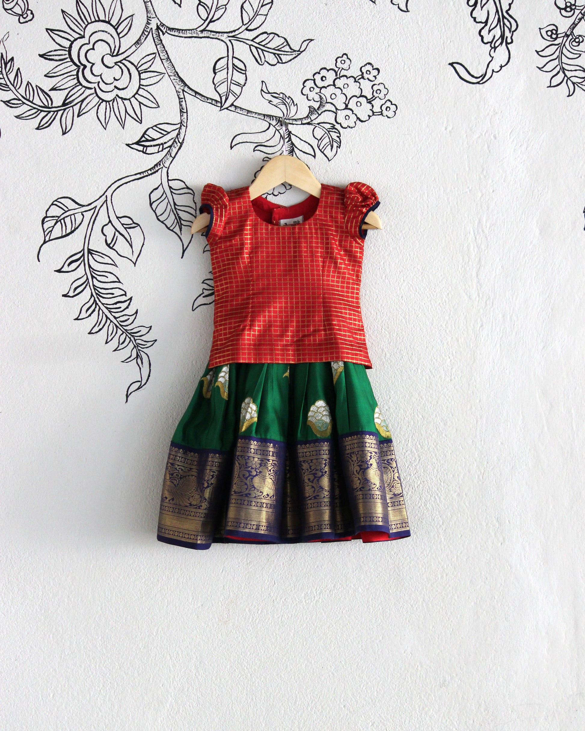 Red & Green Kanjeevaram Silk Lehenga