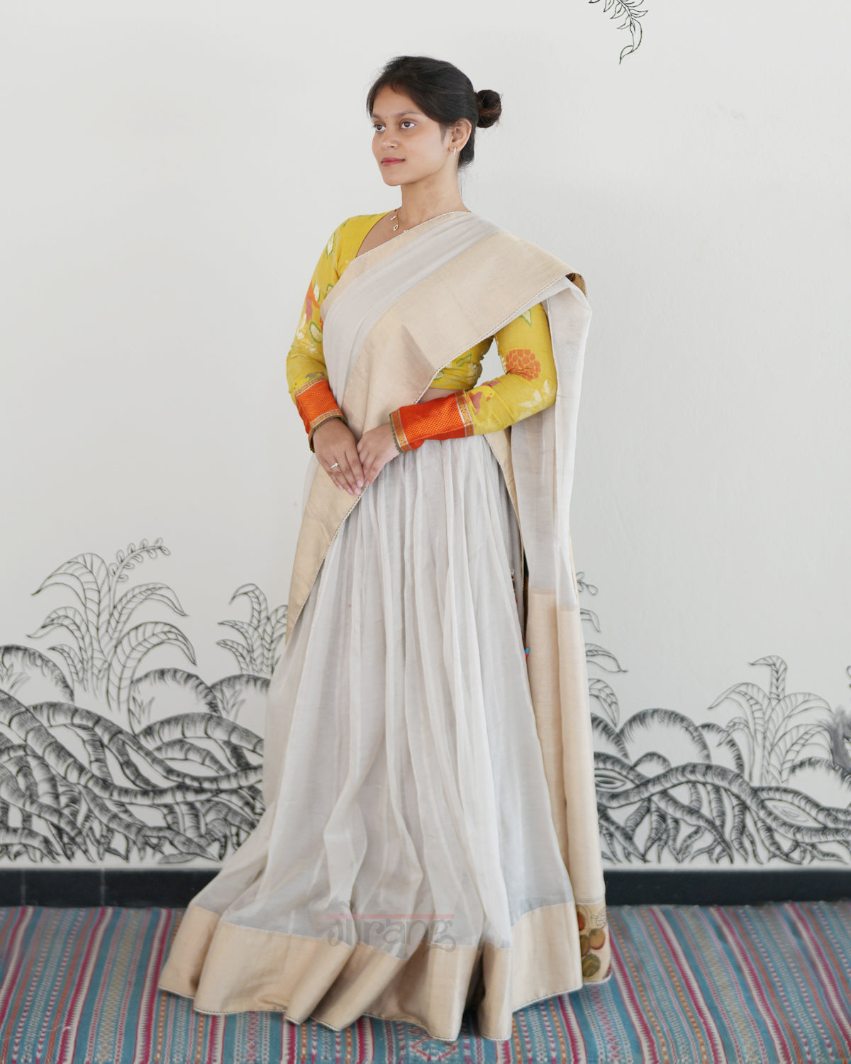White Handwoven Maheshwari Silk Tissue Lehenga