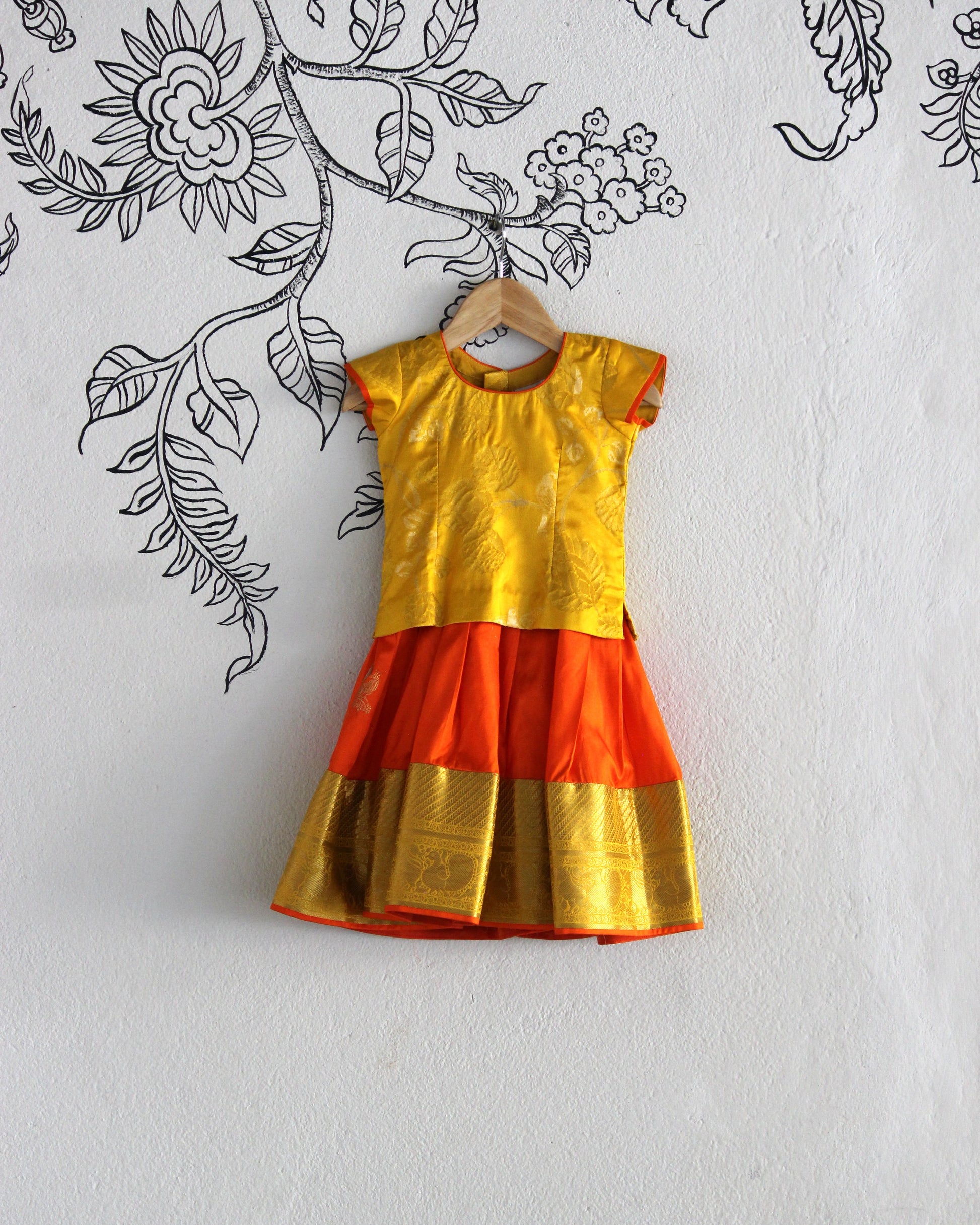 Yellow & Orange Kanjeevaram Silk Lehenga