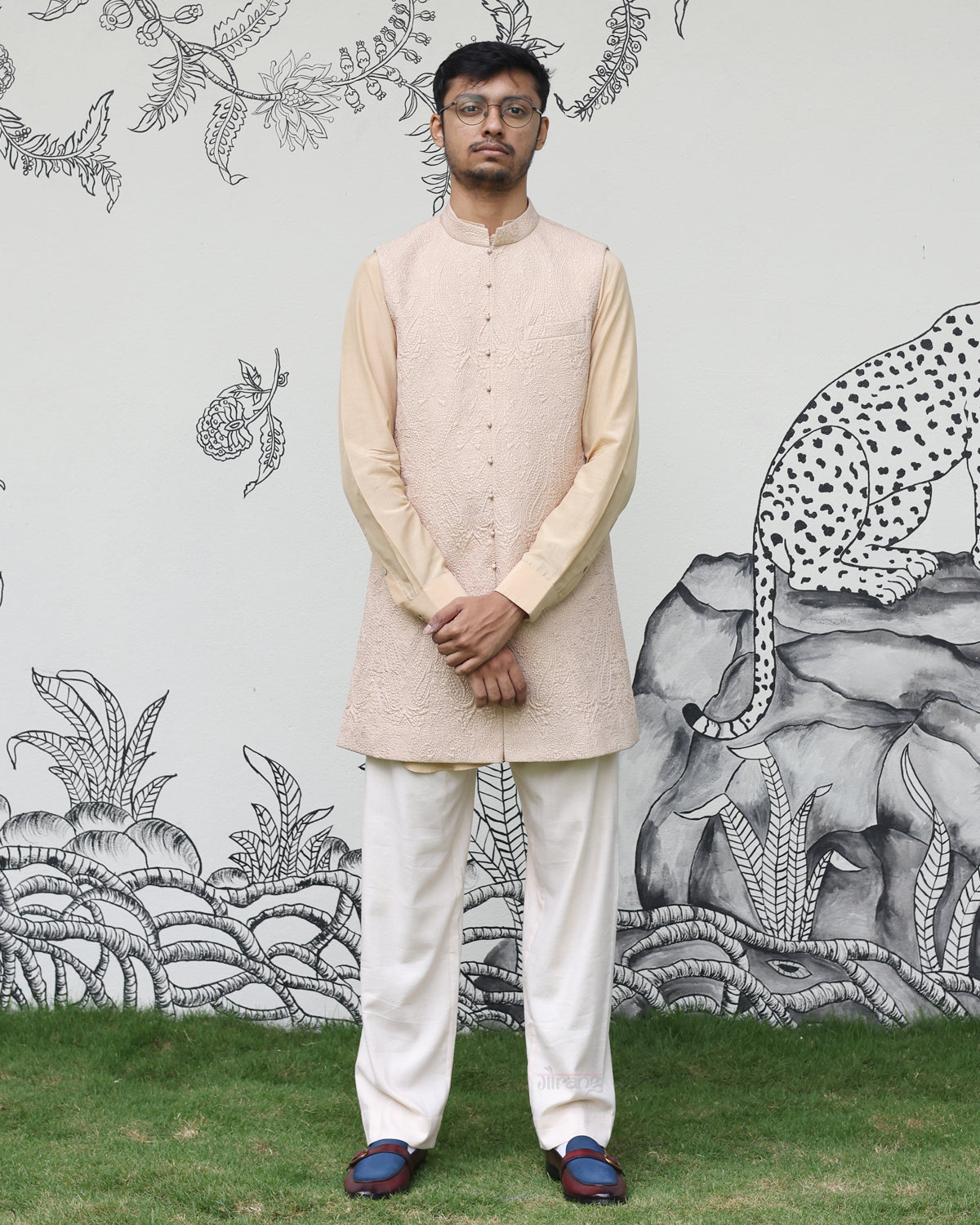 Beige Handwoven Silk Quilted Kurta Set