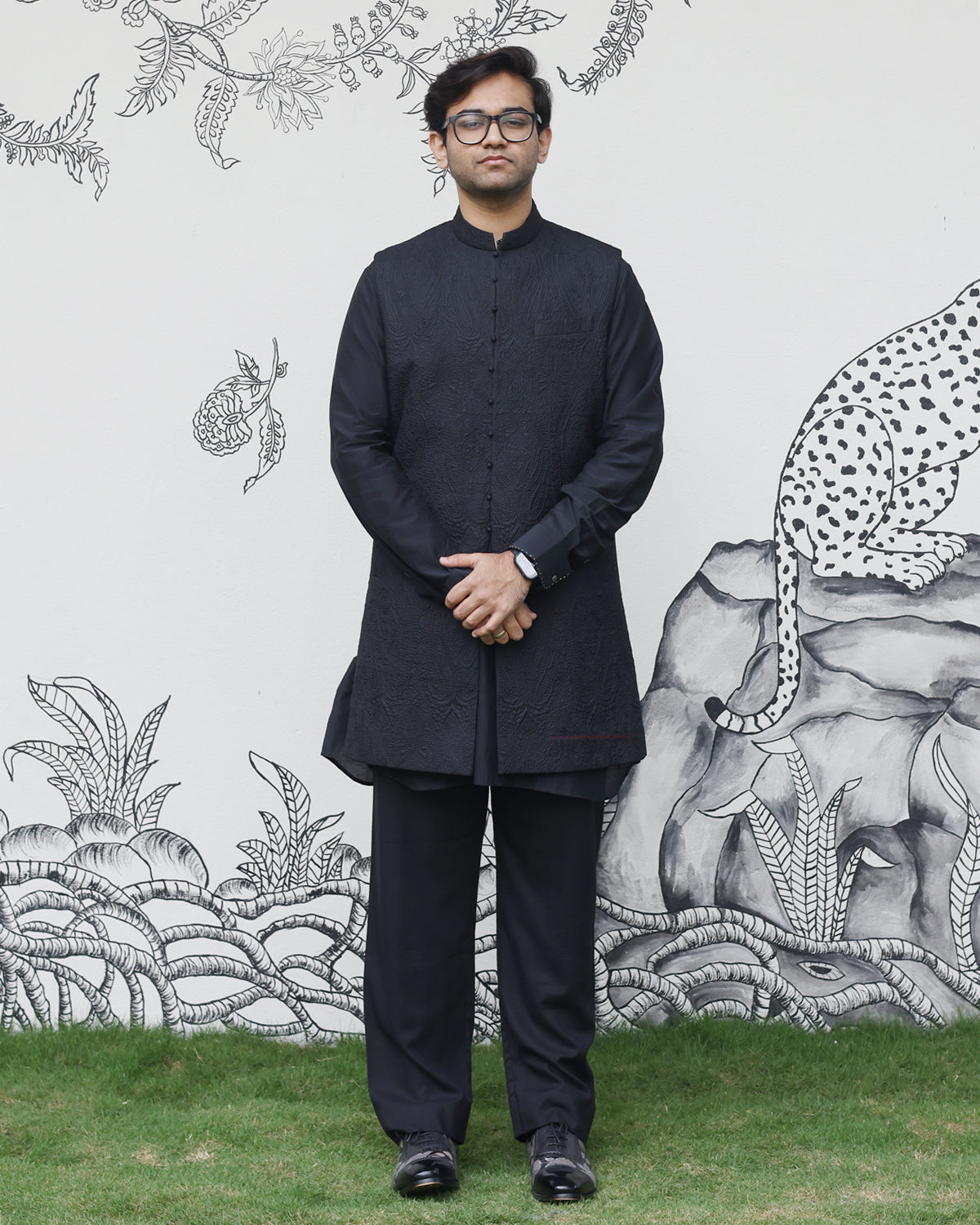 Black Handwoven Silk Quilted Kurta Set