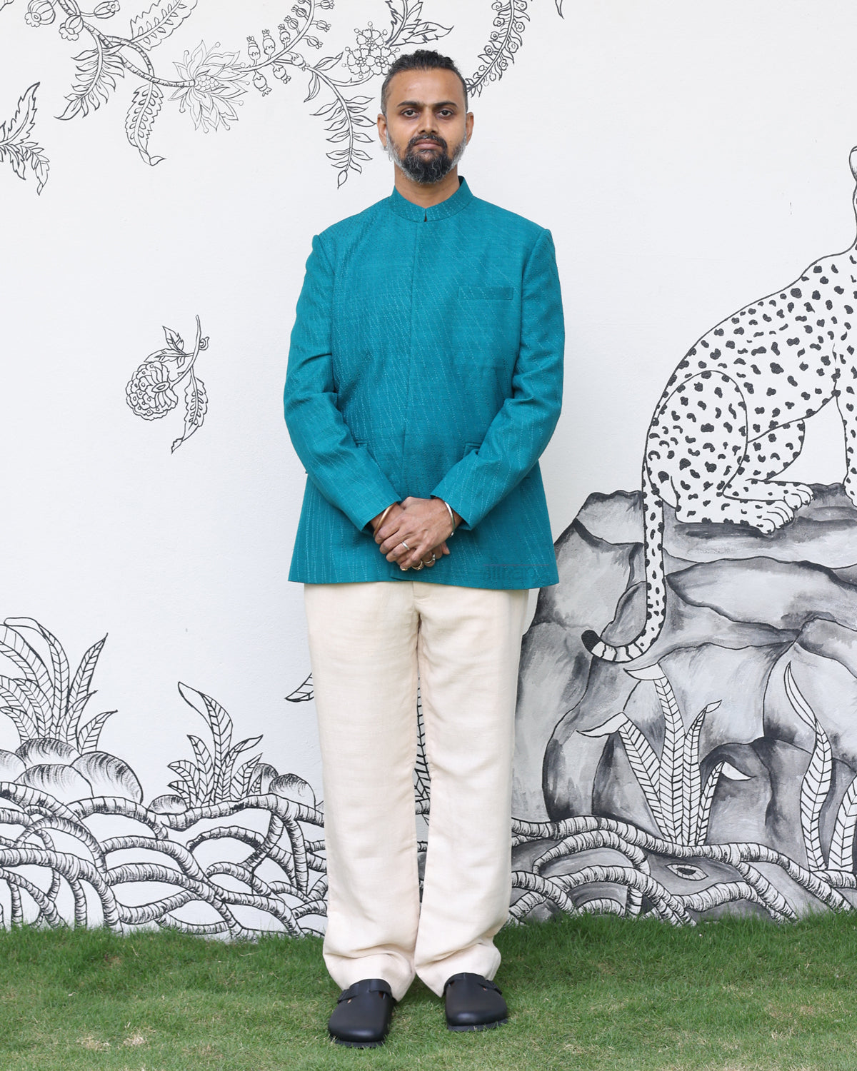 Turquoise Handwoven Matka Quilted Jacket Set