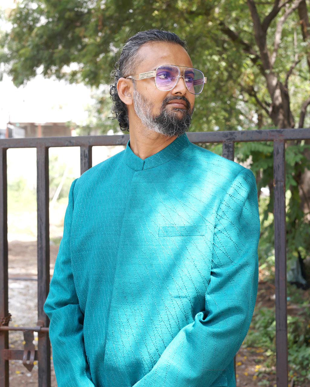 Turquoise Handwoven Matka Quilted Jacket Set