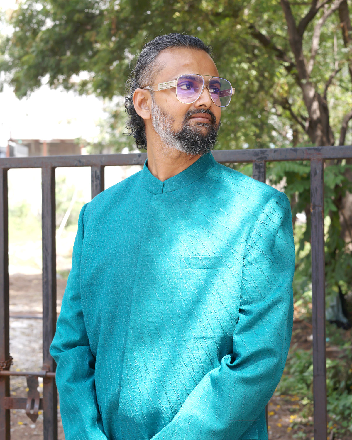 Turquoise Handwoven Matka Katha Embroidery Bandhgala Set