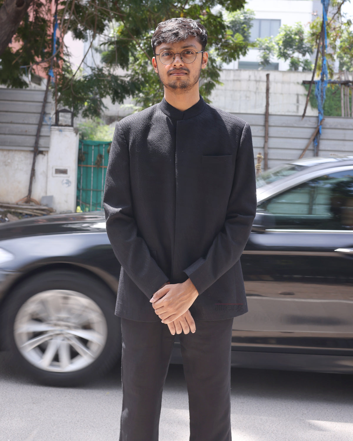 Black Handwoven Matka Quilted Jacket Set