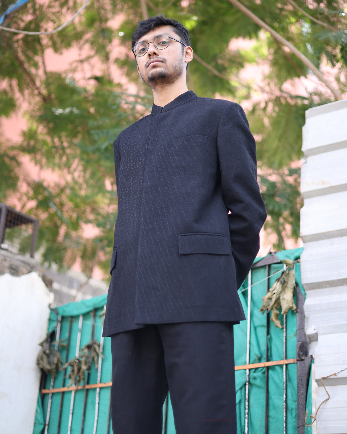 Black Handwoven Matka Katha Embroidery Bandhgala Set