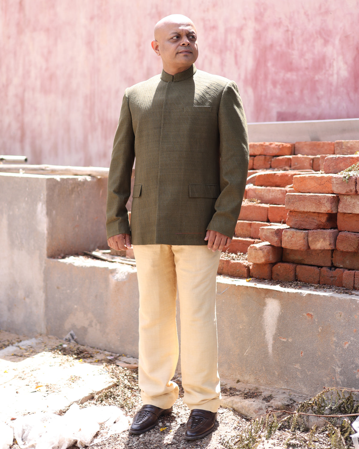 Green Handwoven Matka Quilted Jacket Set