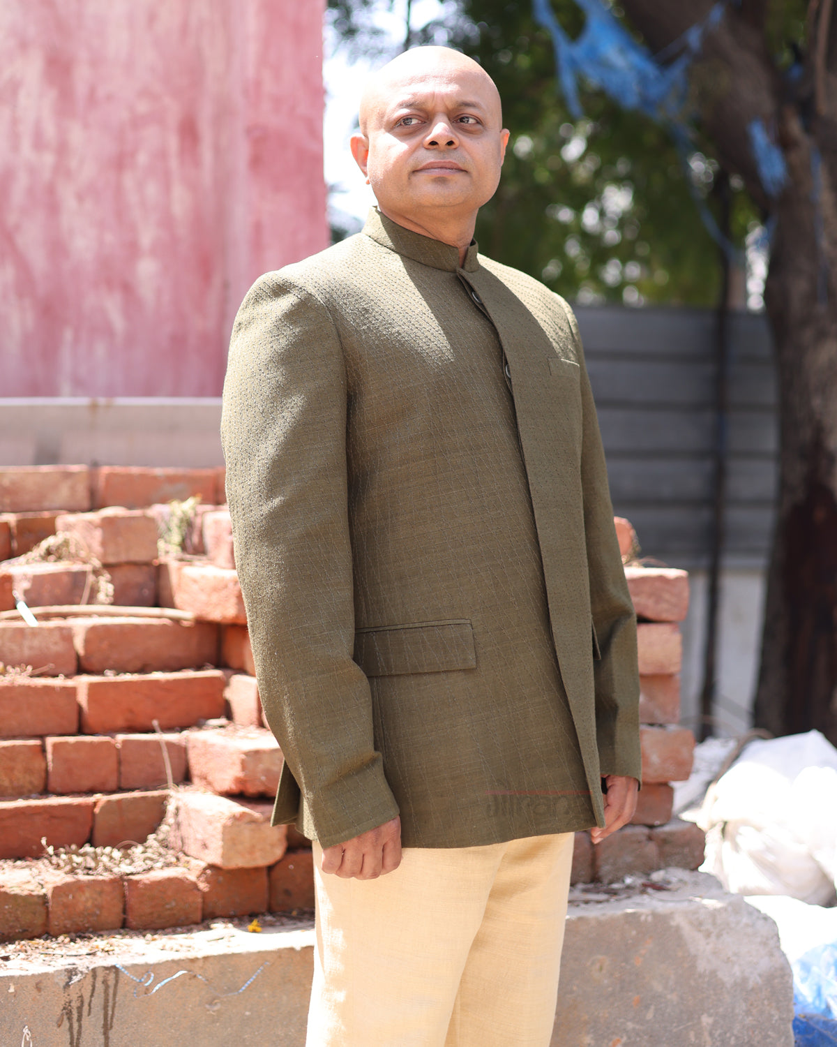Green Handwoven Matka Quilted Jacket Set