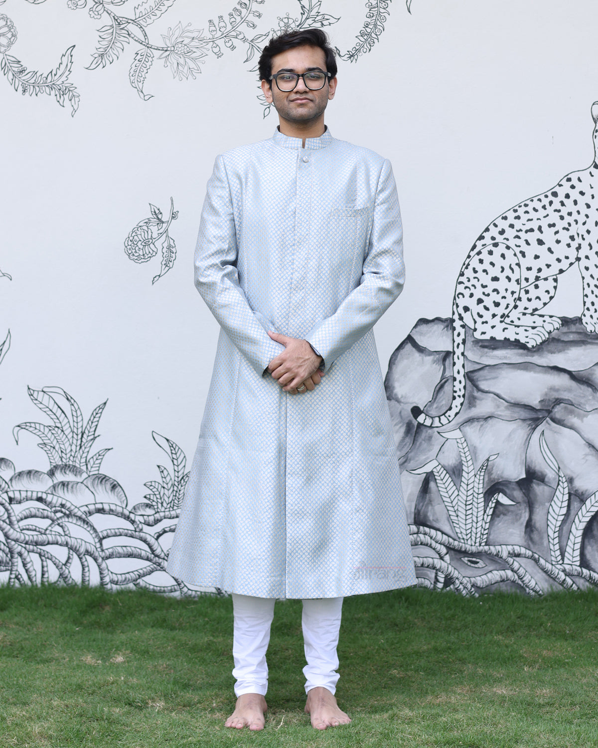 Blue Handwoven Silk Sherwani