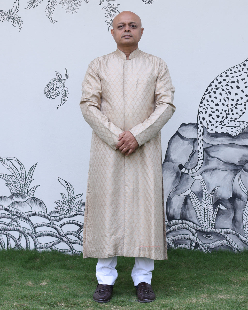 Beige  Handwoven Uppada Silk Jamdani Sherwani