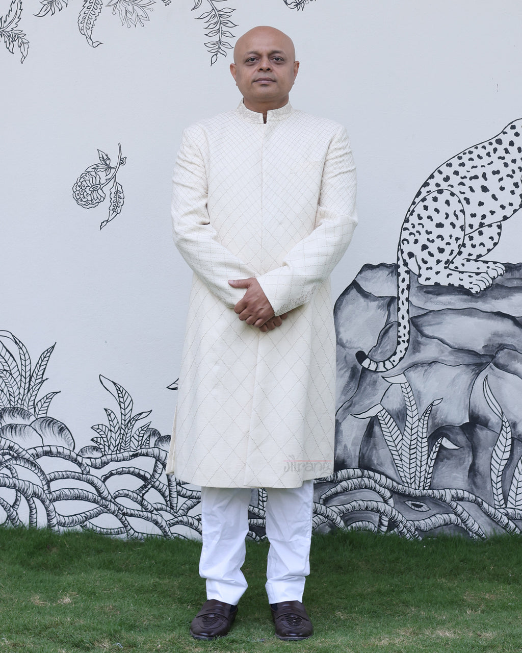 White Handwoven Matka Katha Embroidery Sherwani