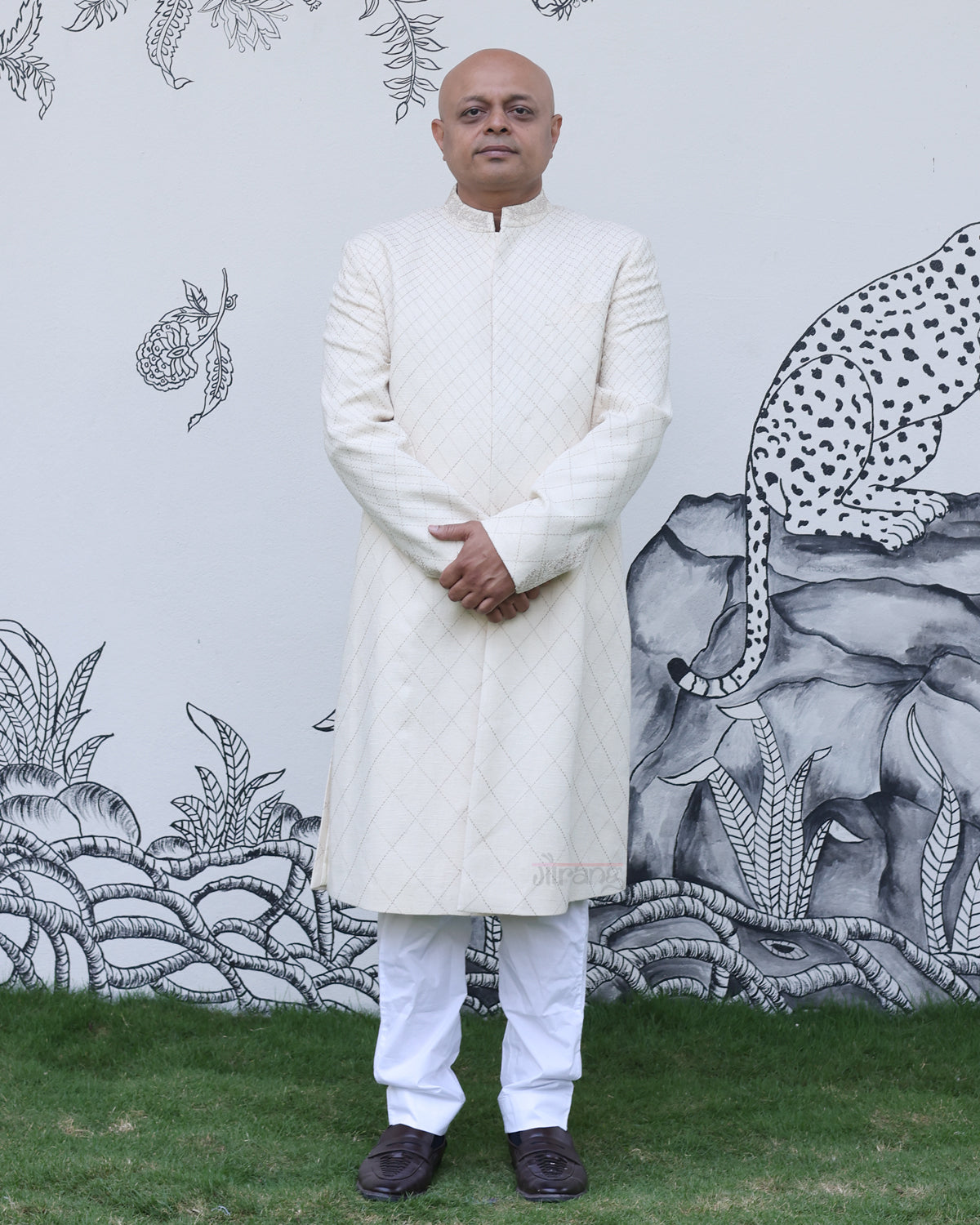 White Handwoven Matka Quilted Sherwani