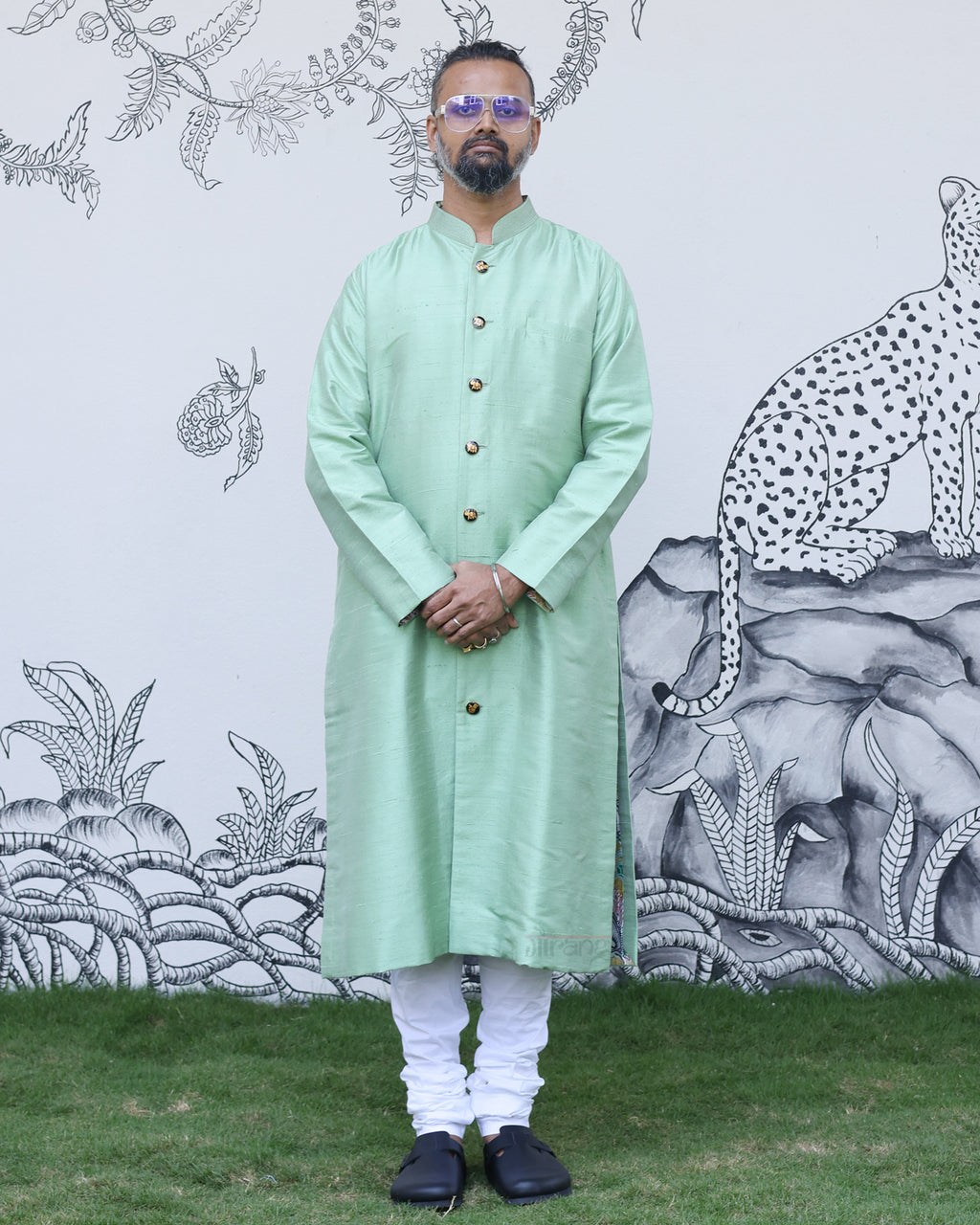Green Handwoven Raw Silk Sherwani