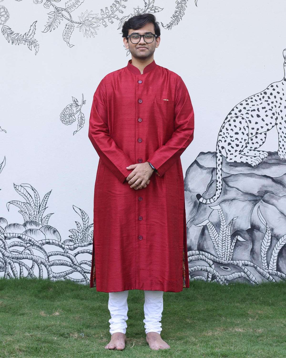 Red Handwoven Raw Silk Sherwani