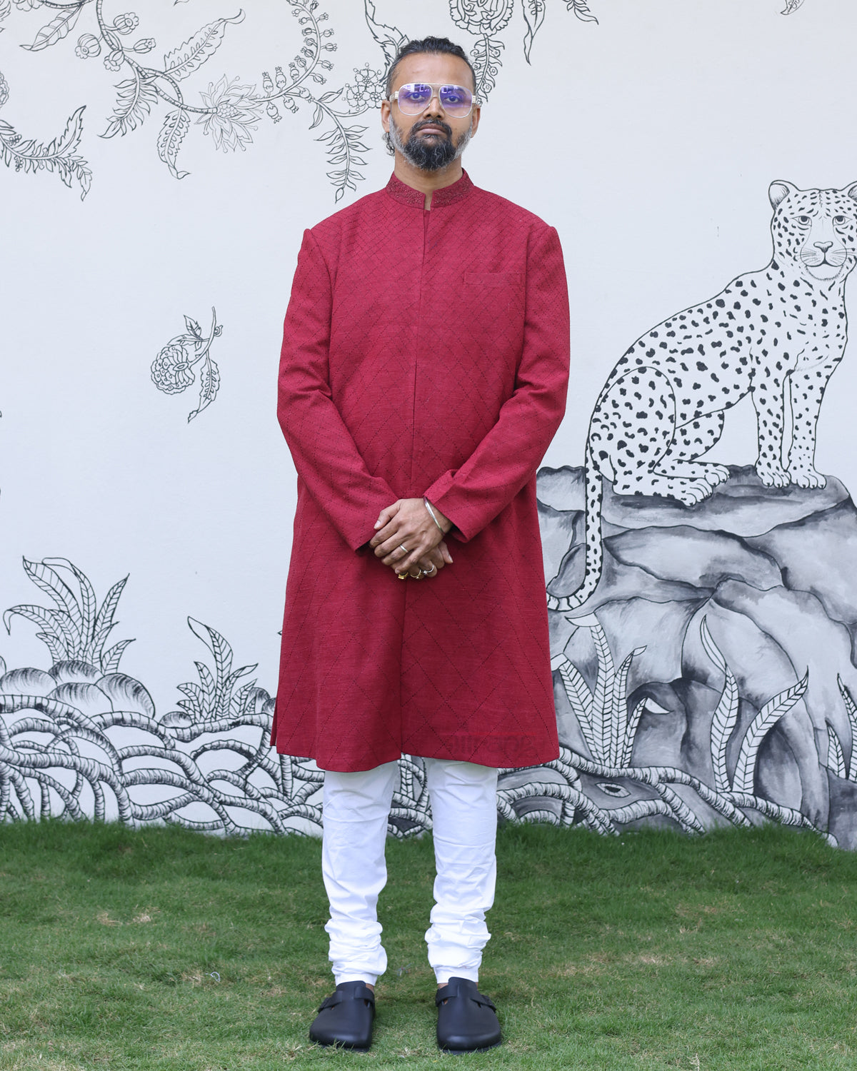 Red Handwoven Matka Quilted Sherwani