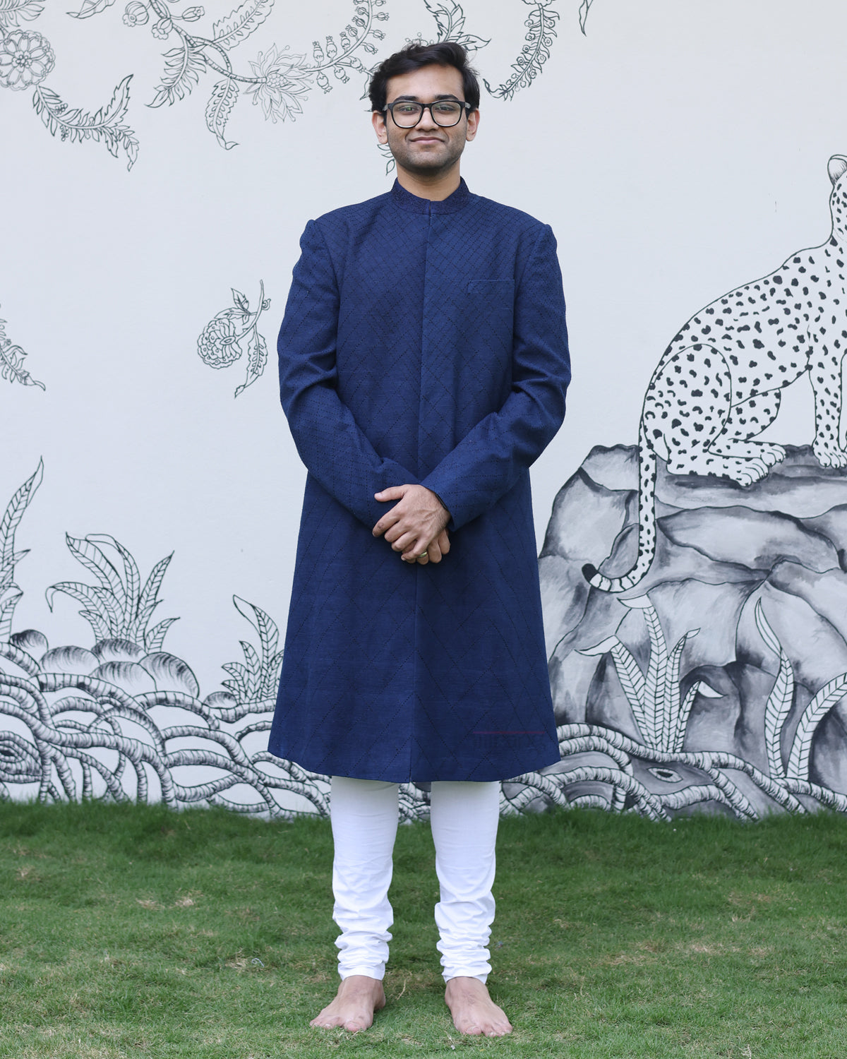 Blue Handwoven Matka Quilted Sherwani