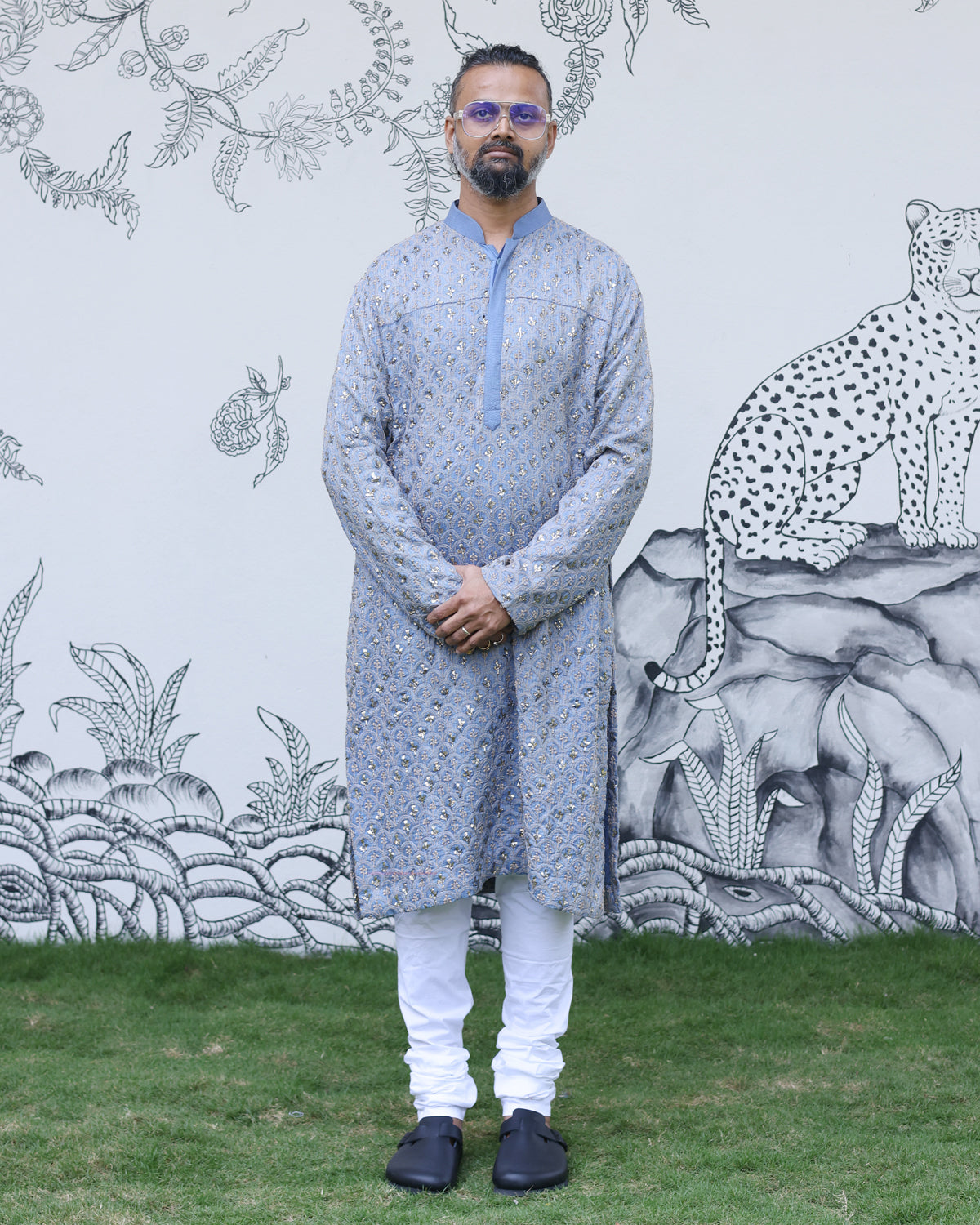 Blue Hand Chikankari Embroidered Badla Kurta