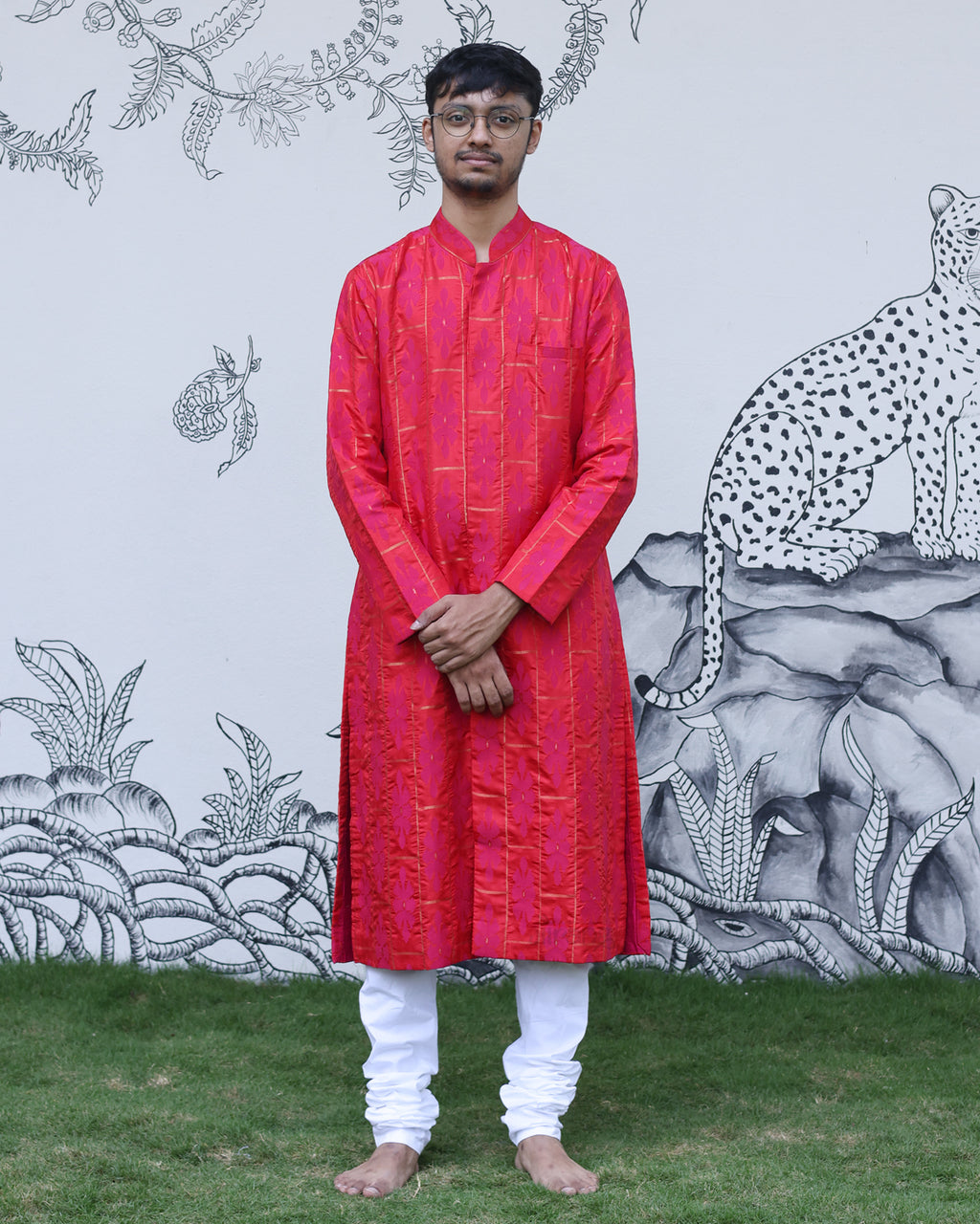 Red Handwoven Uppada Silk Jamdani Sherwani