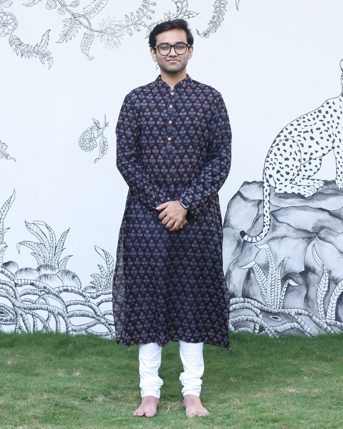 Black Silk Hand Block Printed Kurta