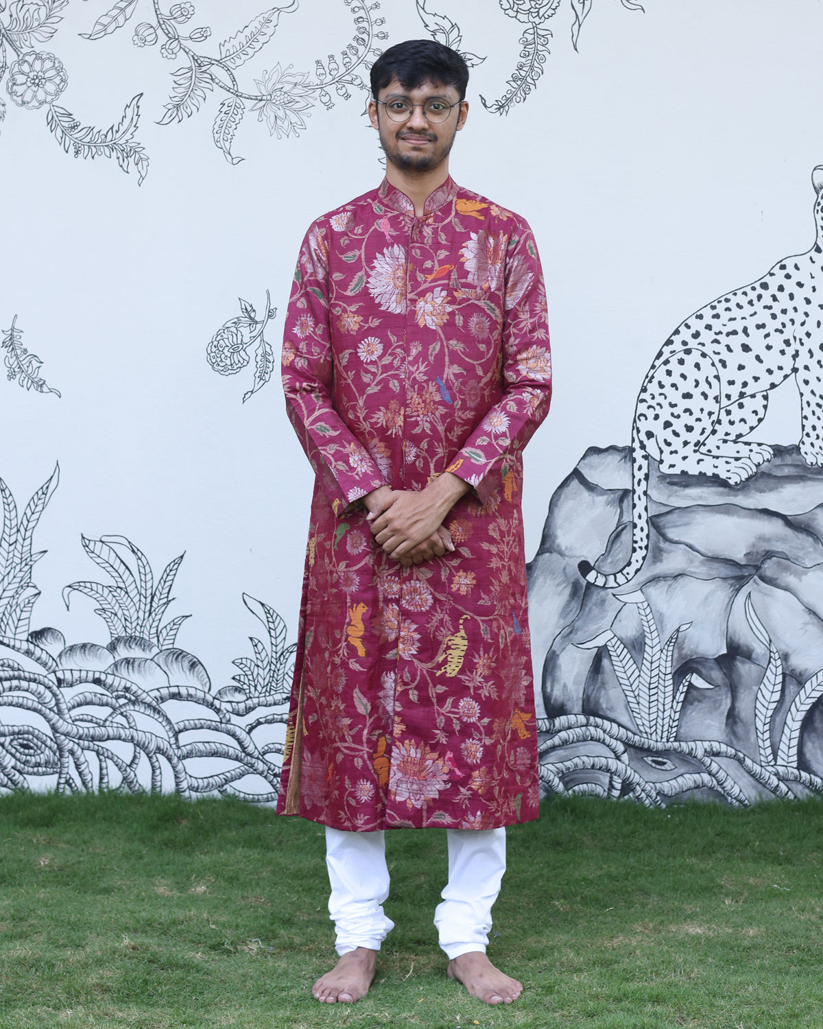 Maroon Handwoven Tussar Khadi Jamdani Sherwani