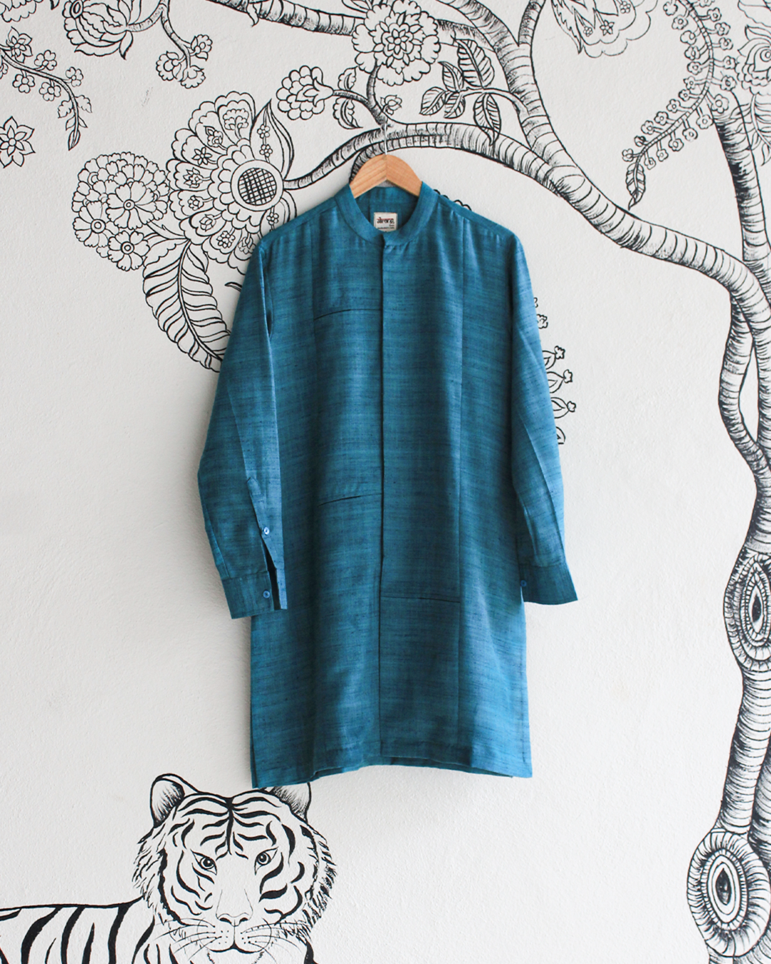 Teal Blue Handwoven Matka Silk Short Kurta