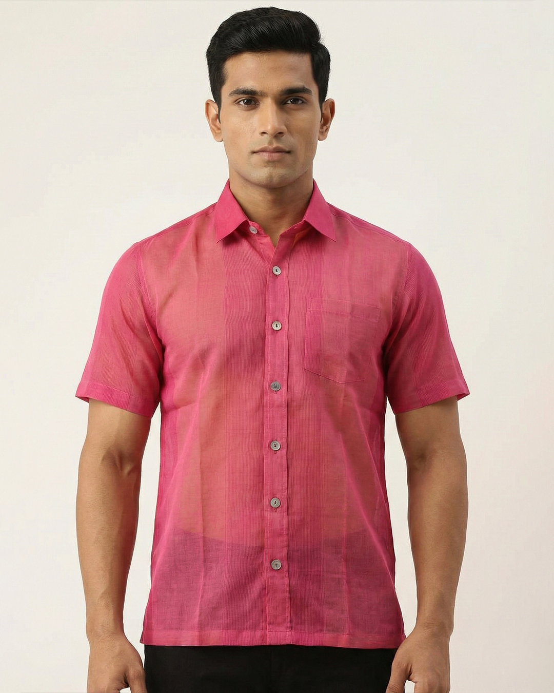 Handwoven Fine Khadi Cotton Shirt in Shades of Pink