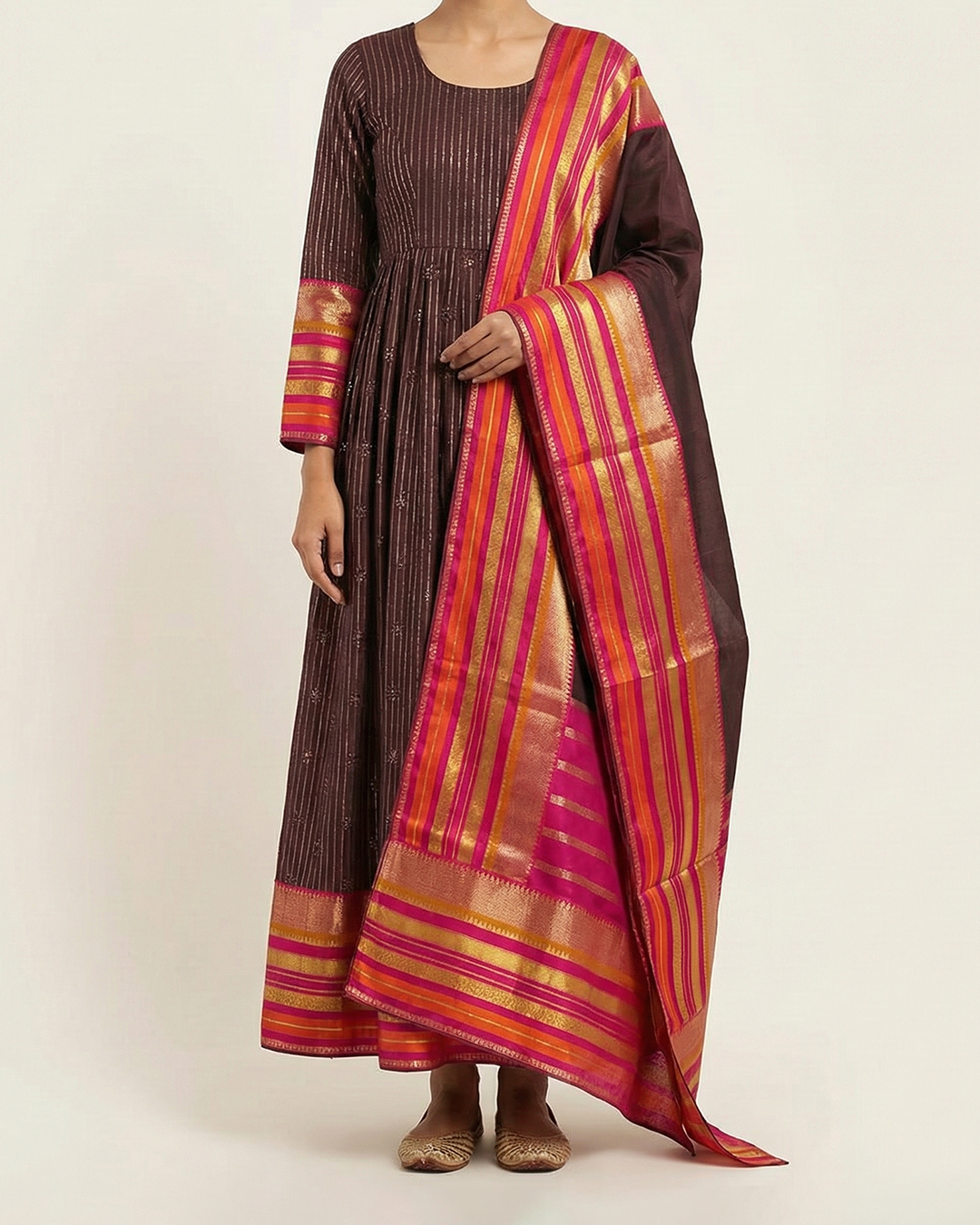 Brown Handwoven Tussar Embroidery Anarkali