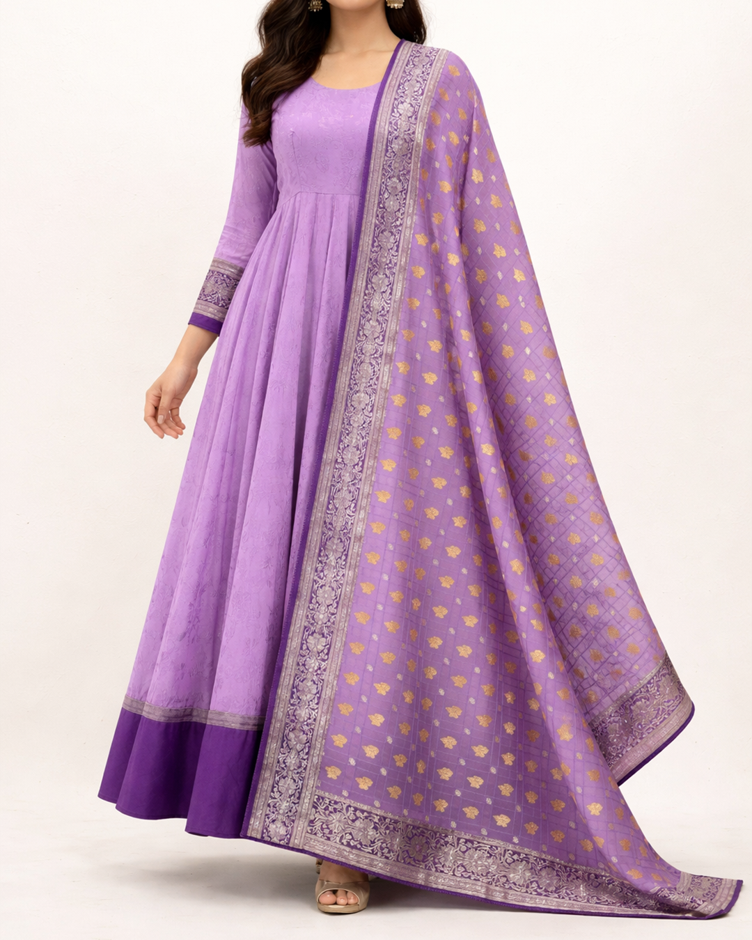 Mauve Handwoven Chiffon Self Woven Anarkali
