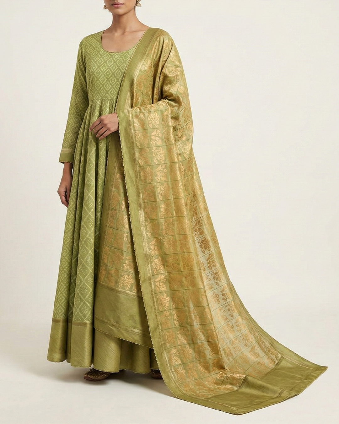 Green Handwoven Banaras Cotton Silk Anarkali
