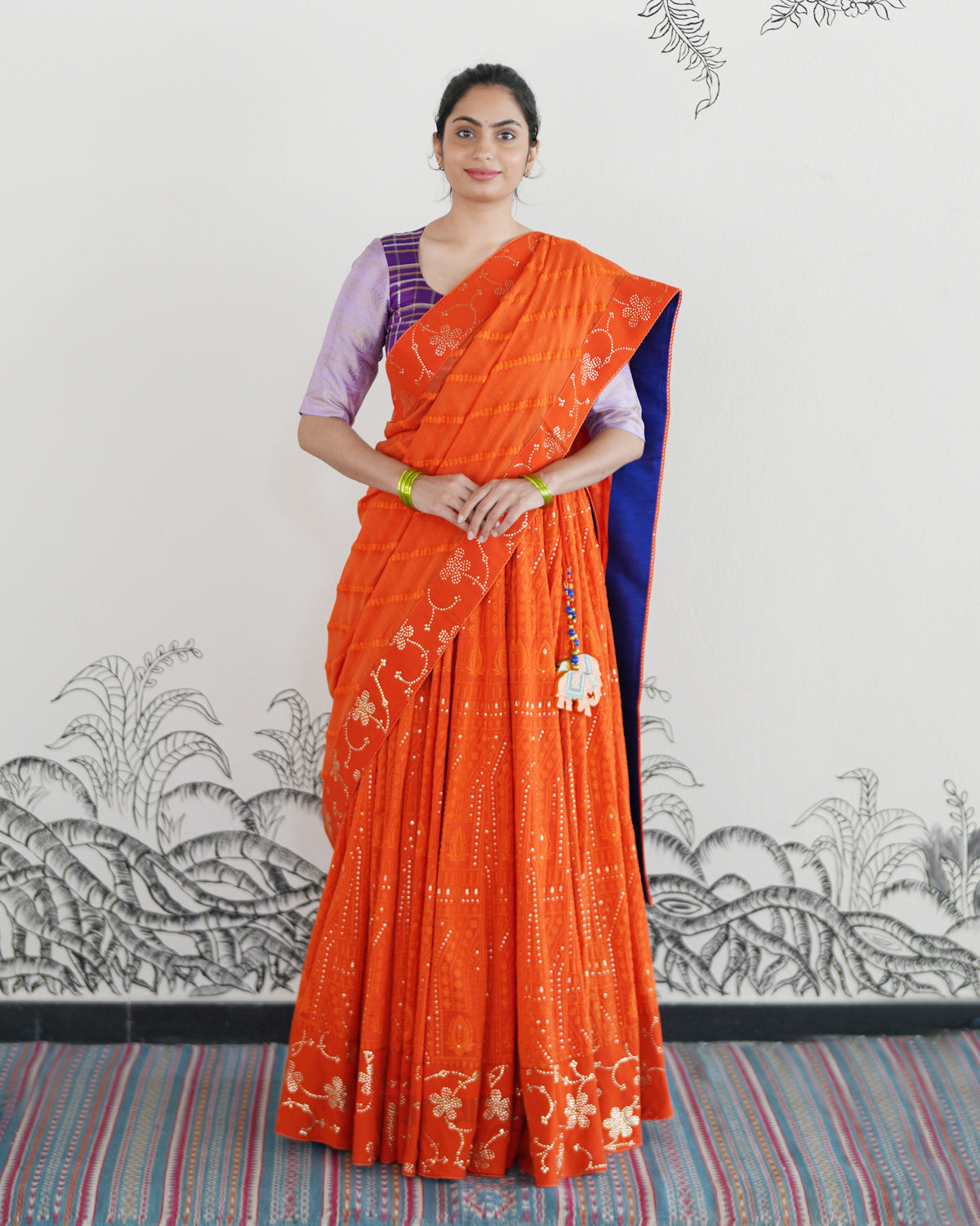 Orange Handwoven Chanderi Cotton Embroidered Lehenga