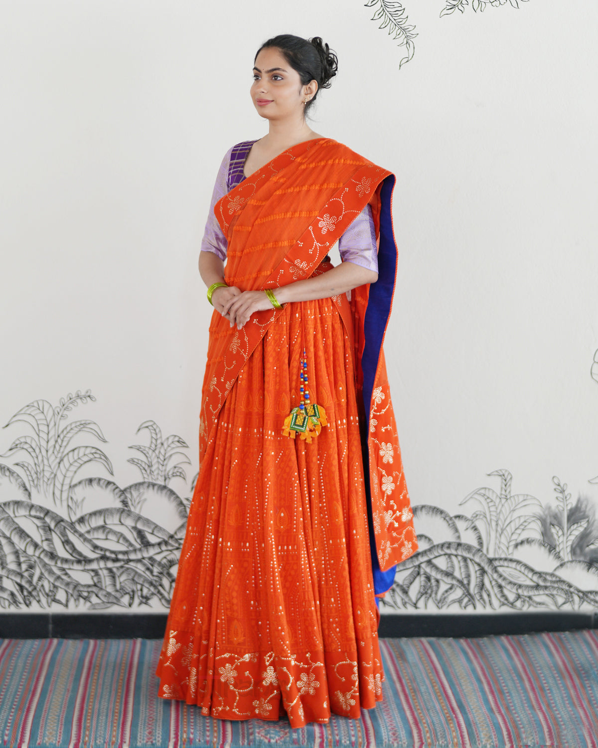 Orange Handwoven Chanderi Cotton Embroidered Lehenga