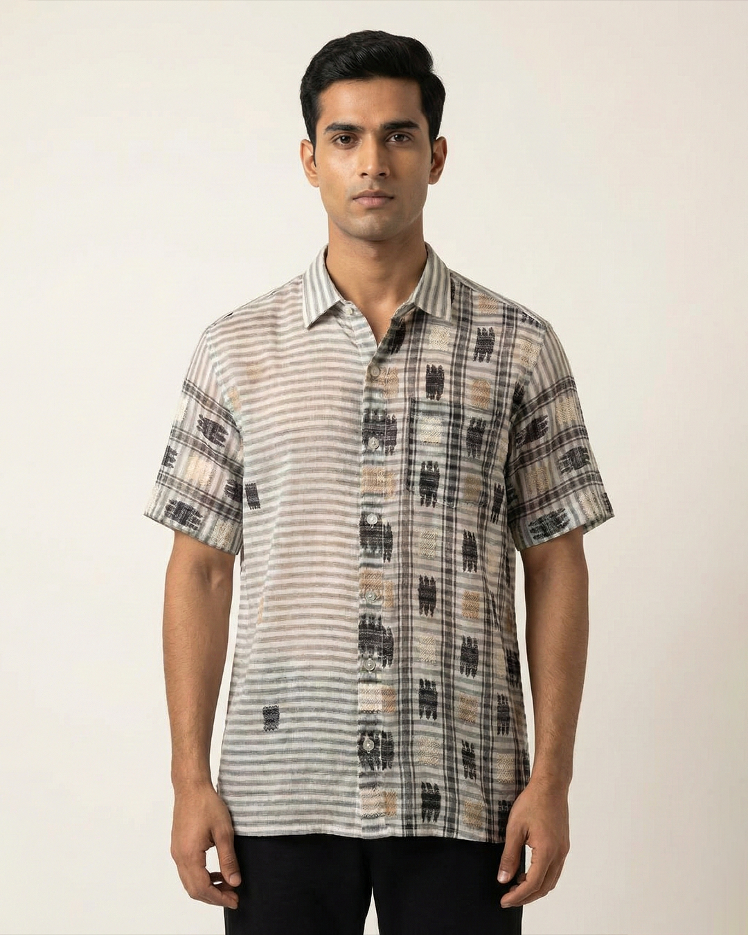 Grey Handwoven Fine Khadi Jamdani Shirt with Textured Motifs