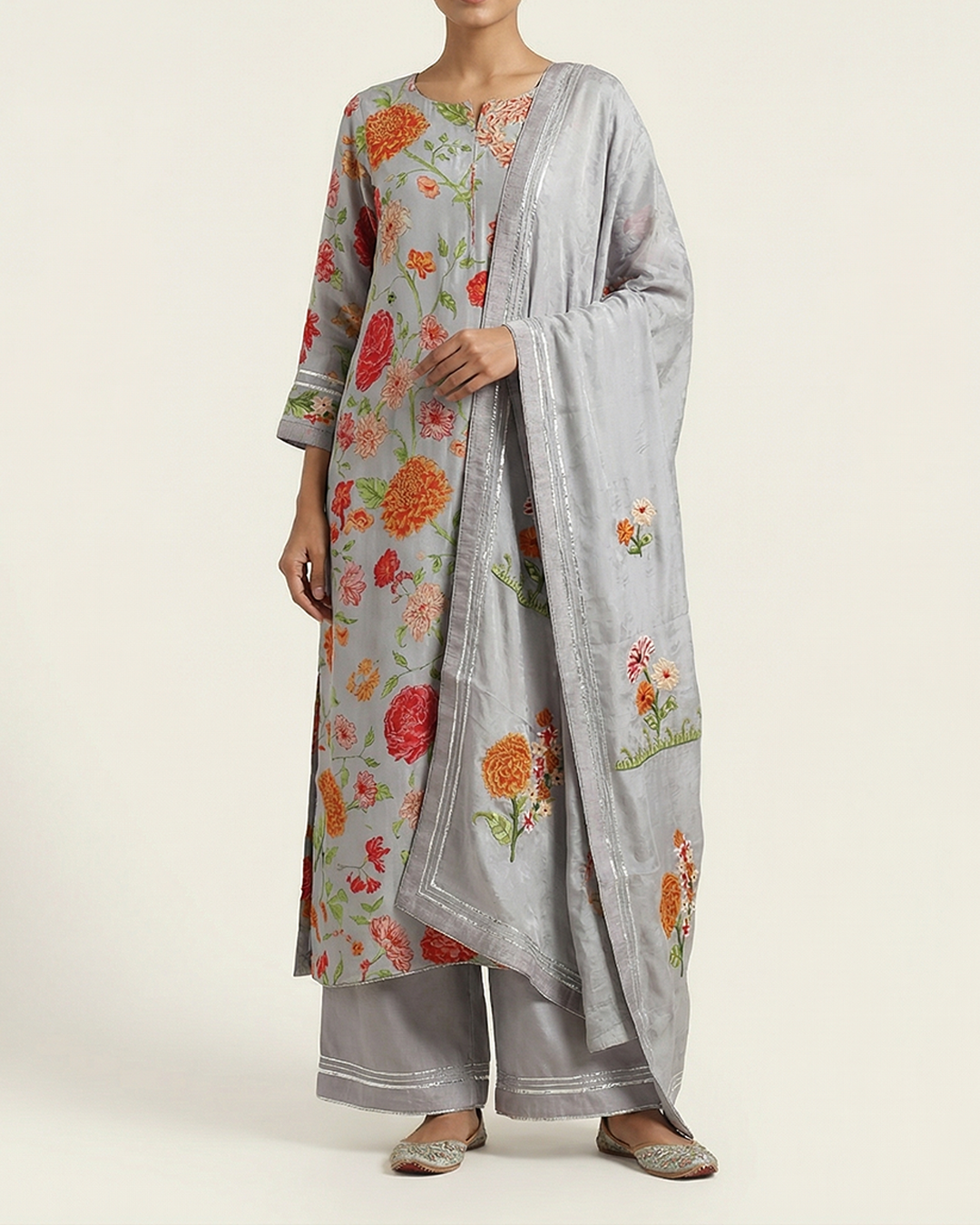 Grey Handwoven Crepe Silk Kurta Set