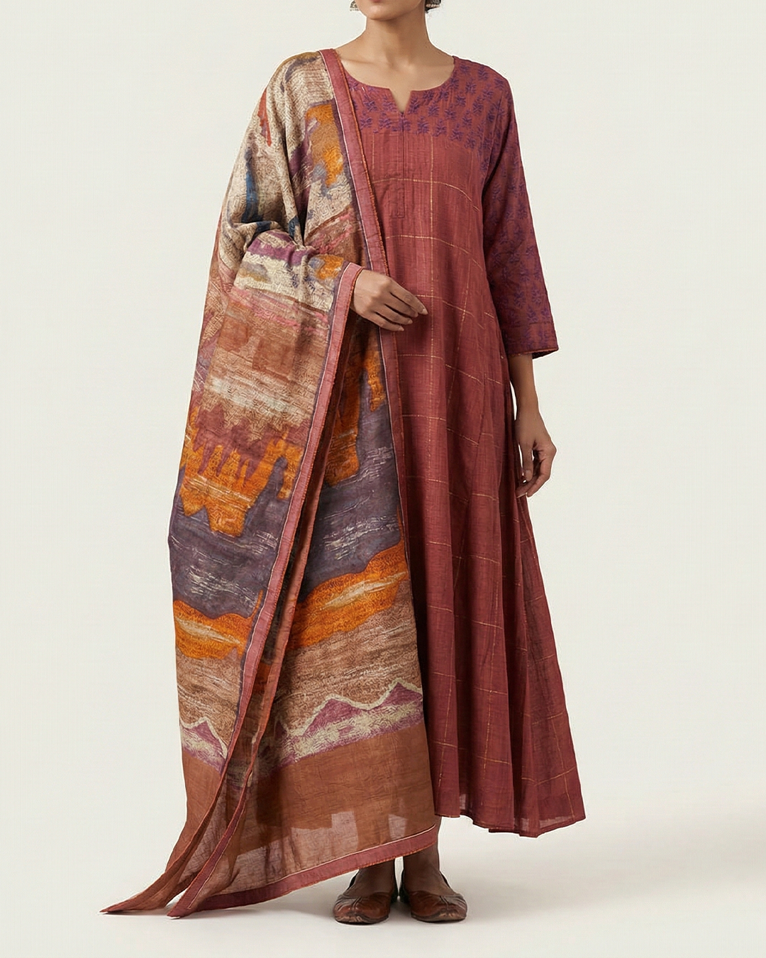 Red Handwoven Matka Kota Sufi-Cut Kurta Set