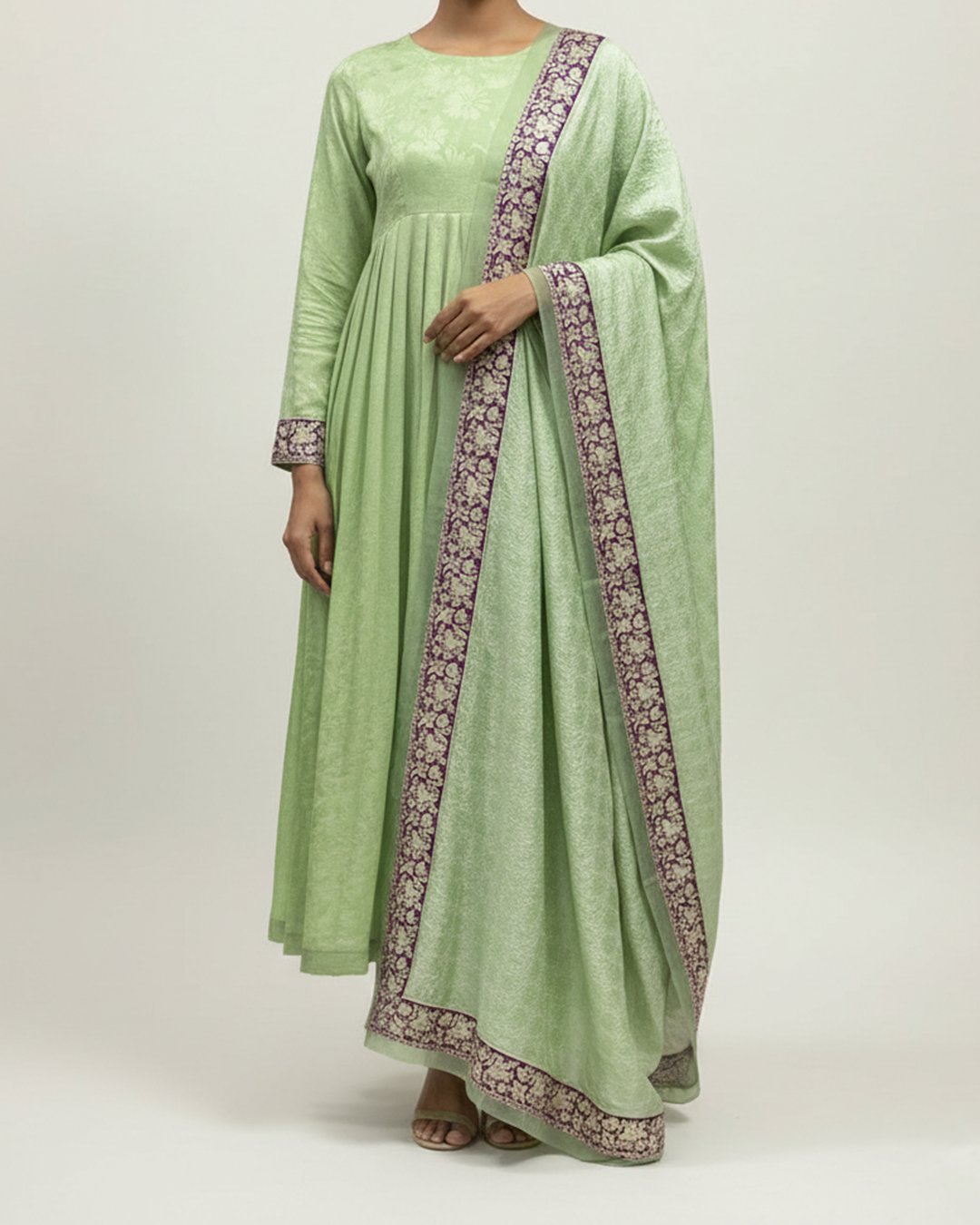 Green Handwoven Self Crepe Silk Anarkali