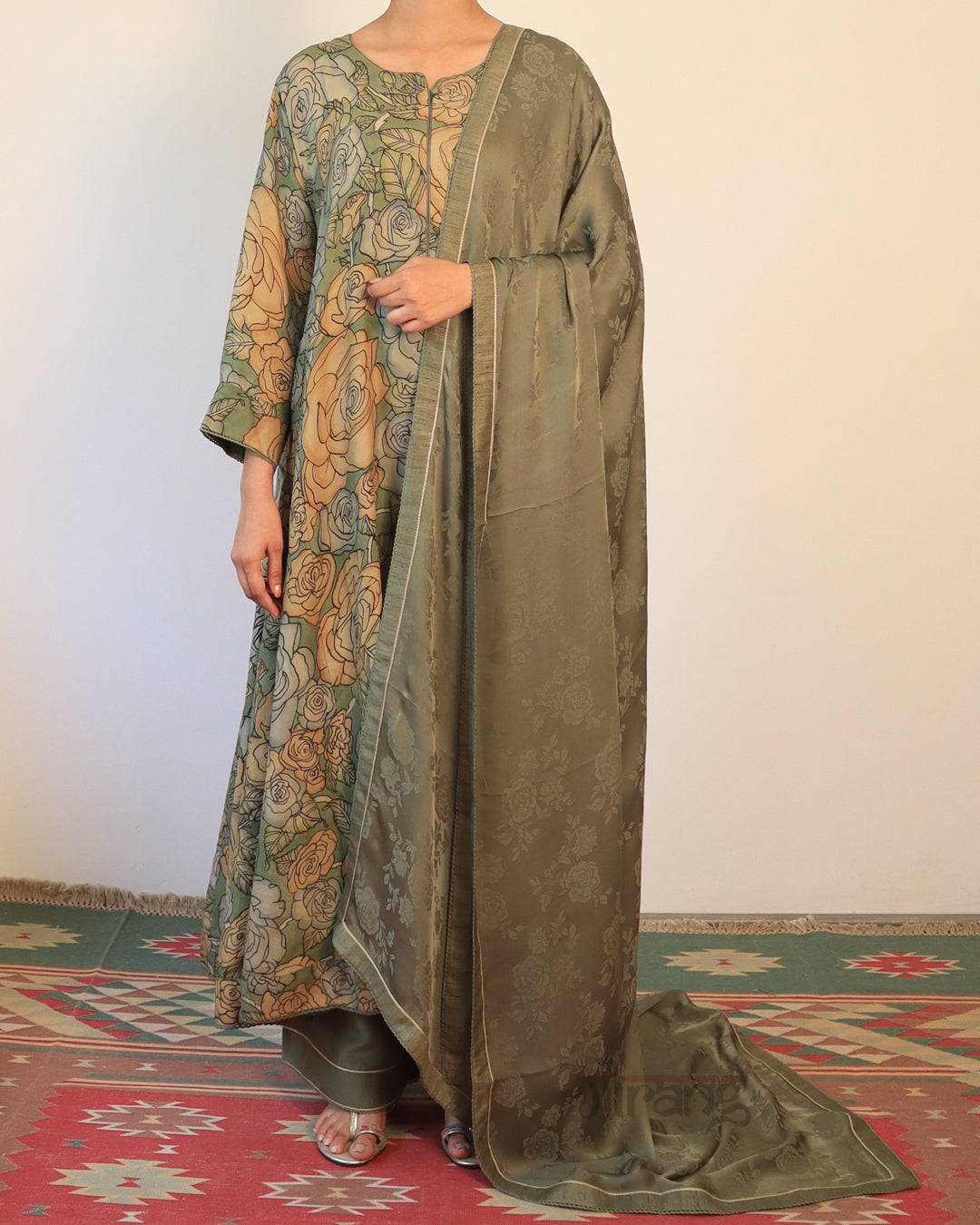 Green Hand Painted Kurta Set