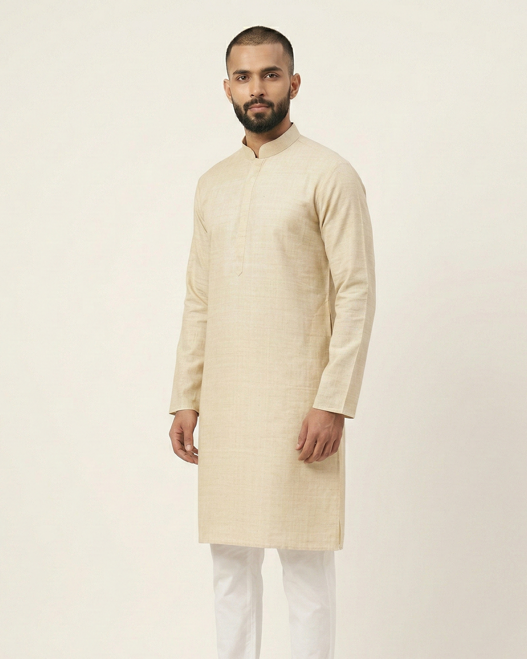 Beige Handwoven Matka Silk Kurta