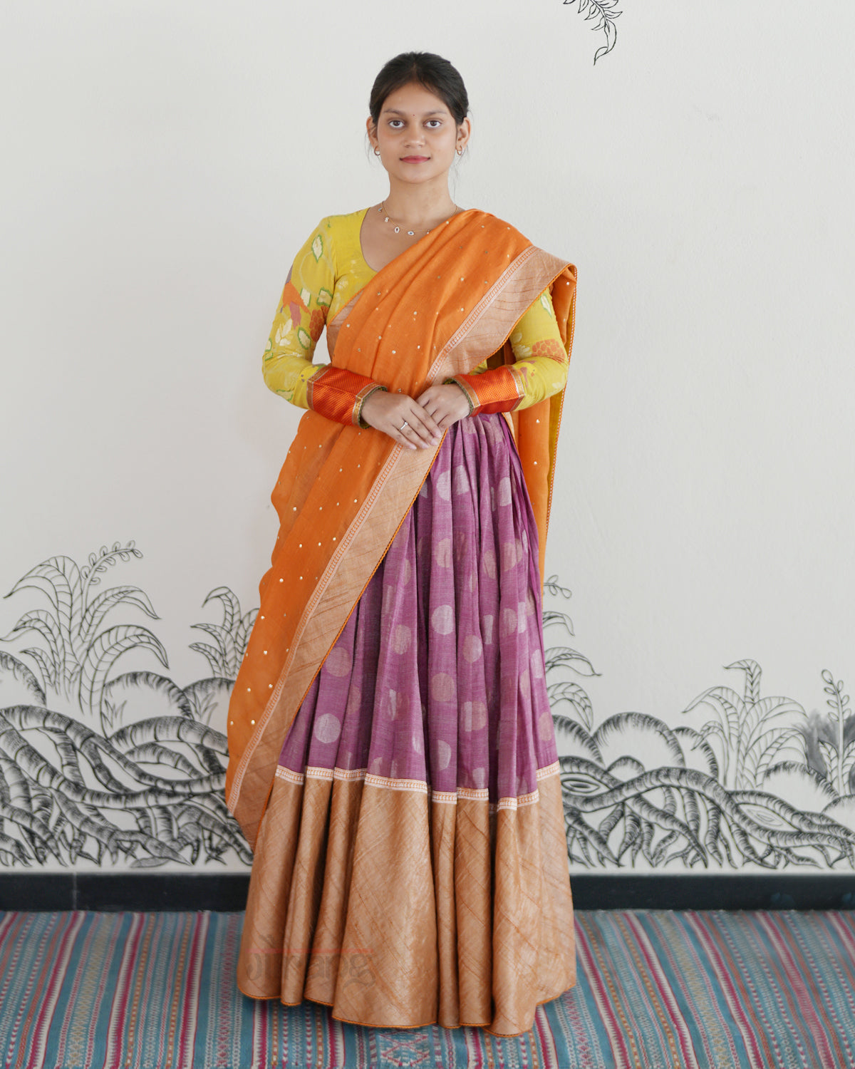 Purple Handwoven Tussar Tissue Lehenga