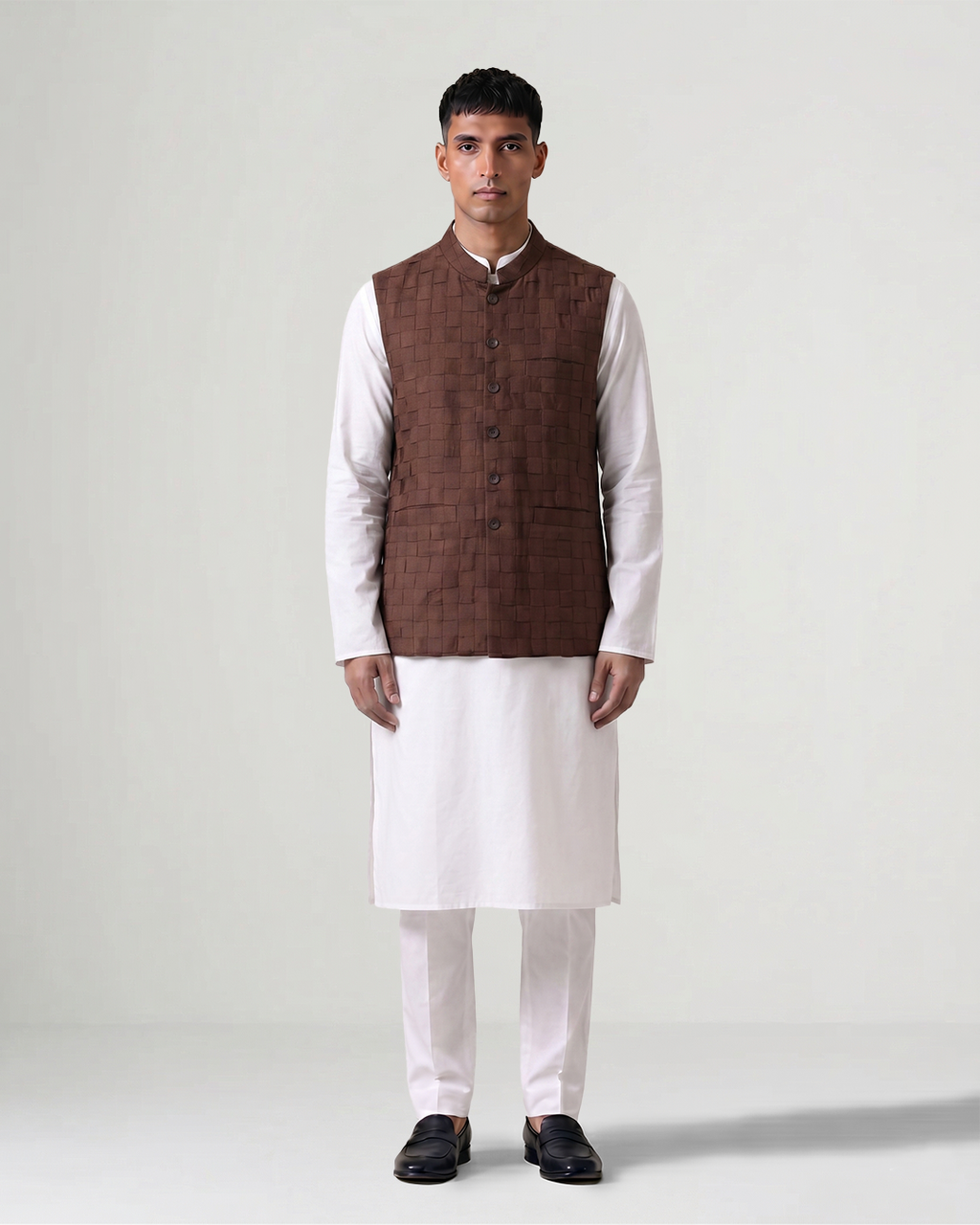 Brown Handwoven Silk Basket Weave Bandi