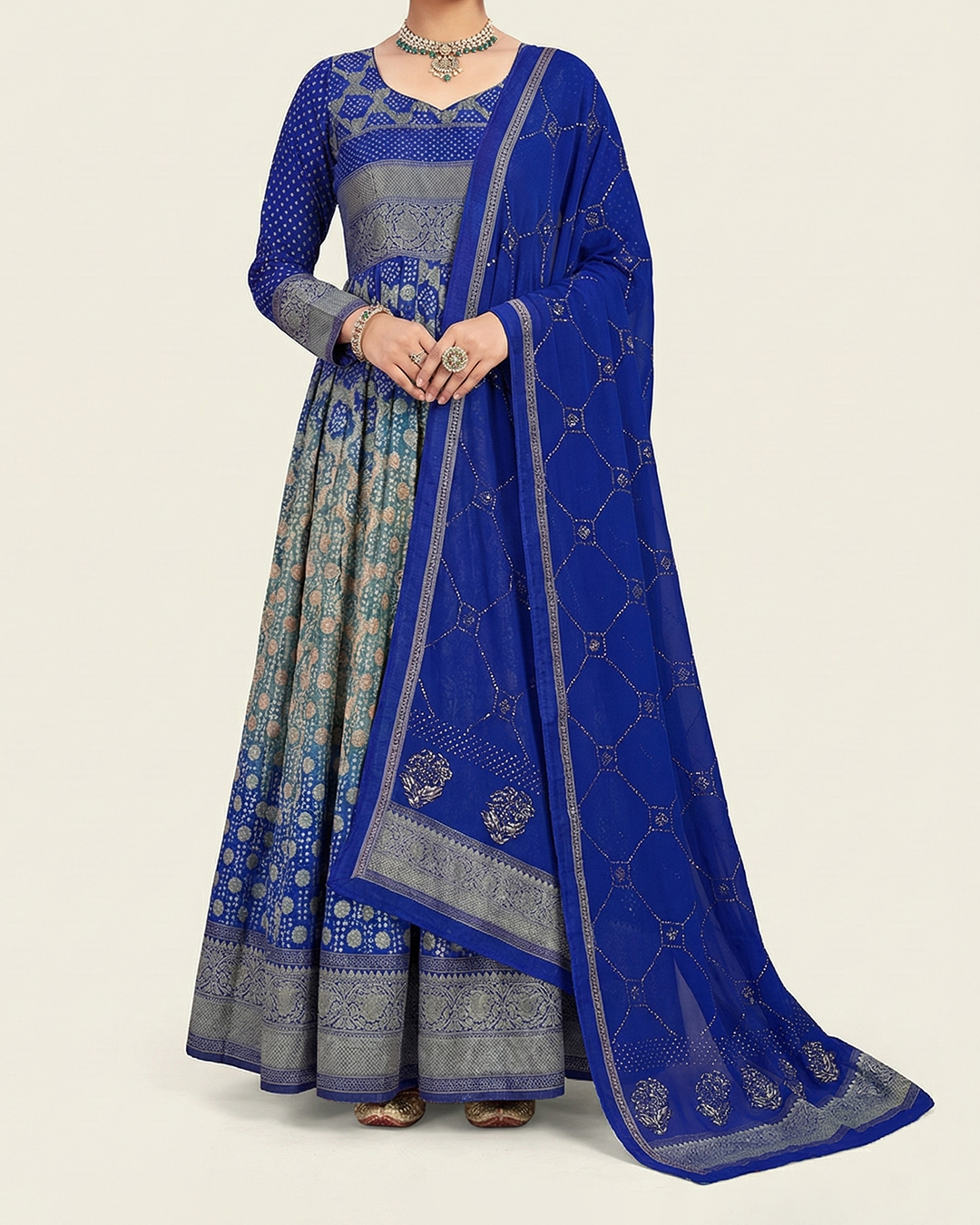 Blue Handwoven Banaras Georgette Bandhani Anarkali