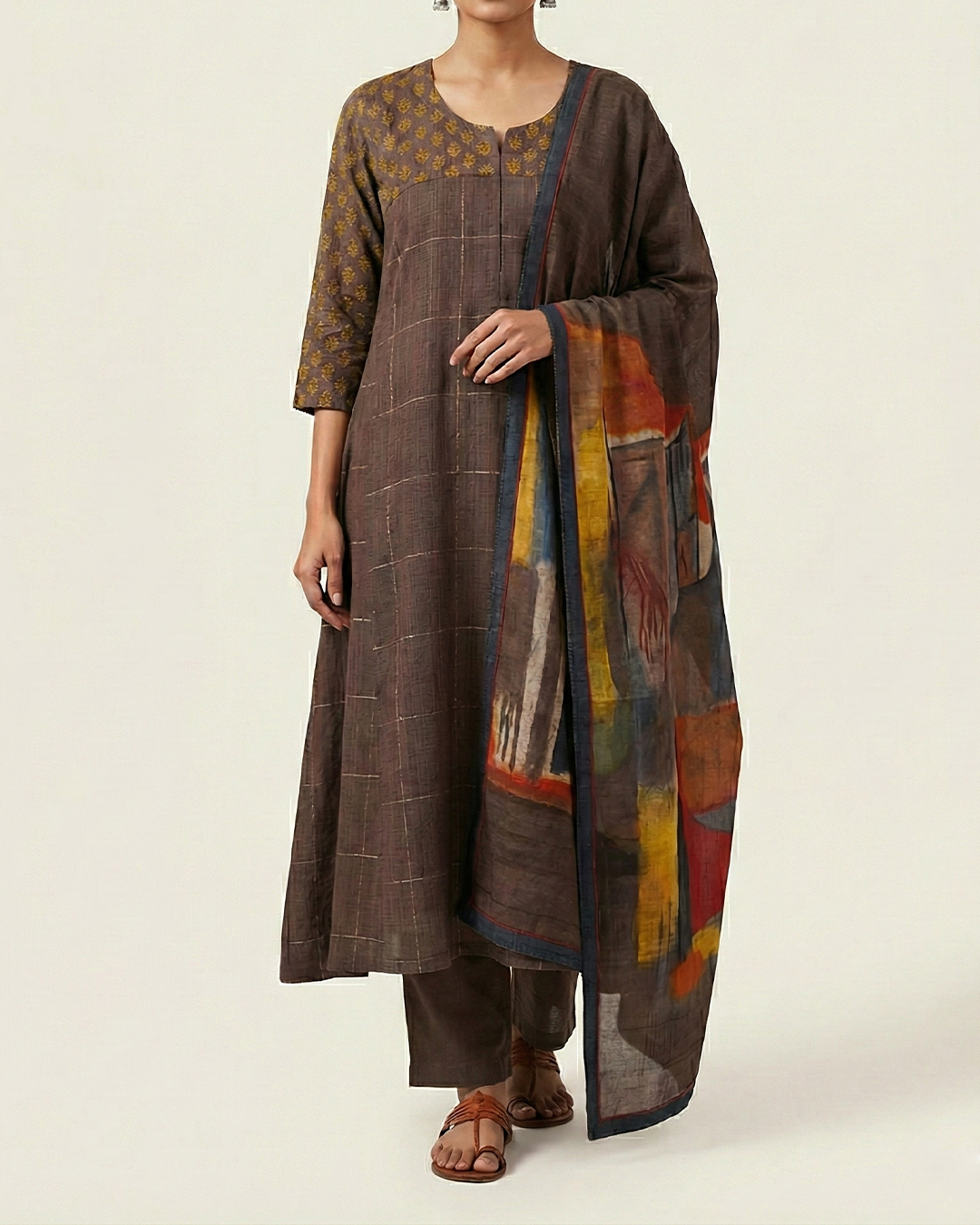 Brown Handwoven Matka Kota Sufi-Cut Kurta Set