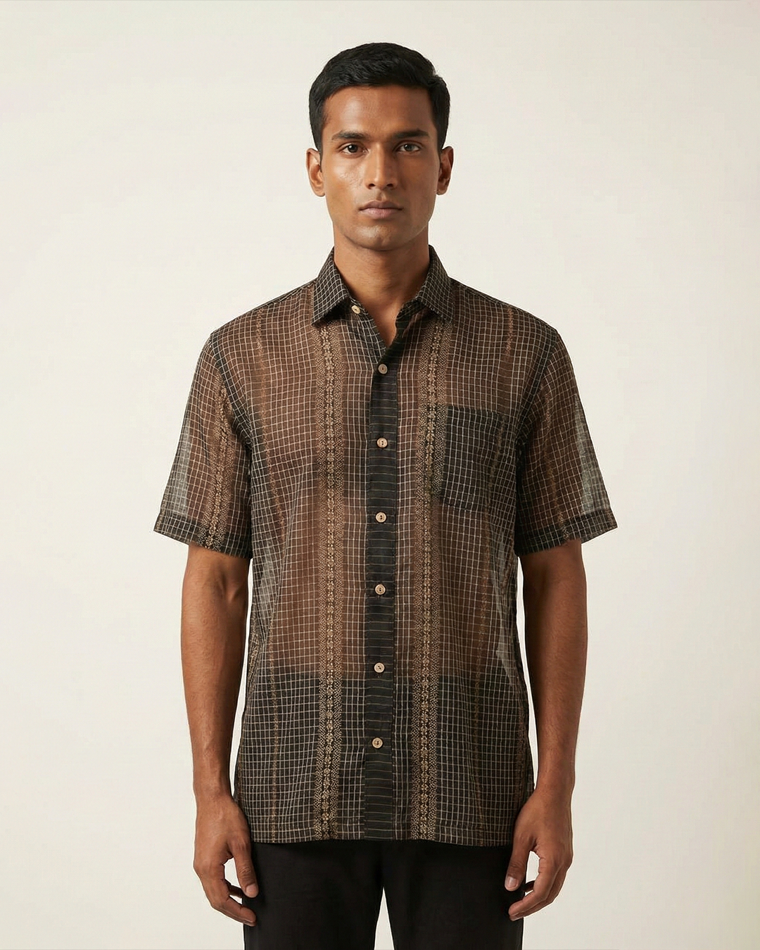 Black Handwoven Fine Khadi Checks Shirt