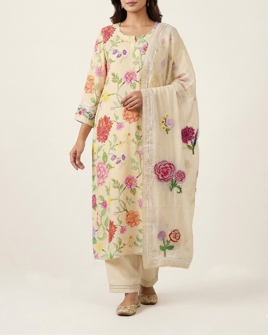 Beige Handwoven Crepe Silk Kurta Set