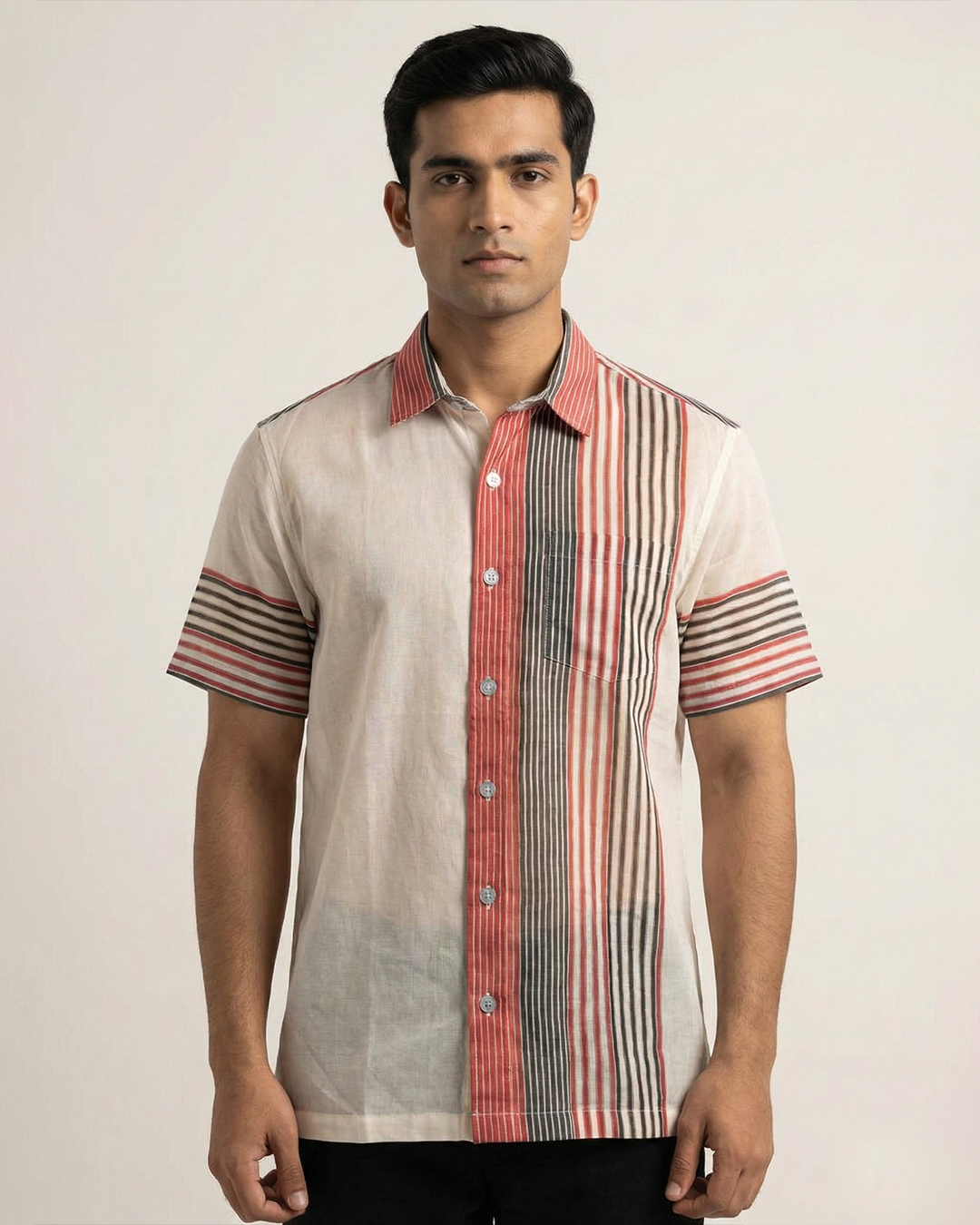 White Handwoven Fine Khadi Shirt with Asymmetrical Stripes