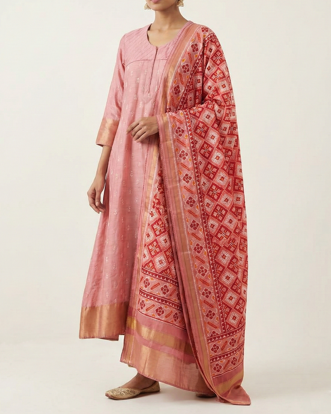 Pink Handwoven Tussar Embroidery Sufi-Cut Kurta Set