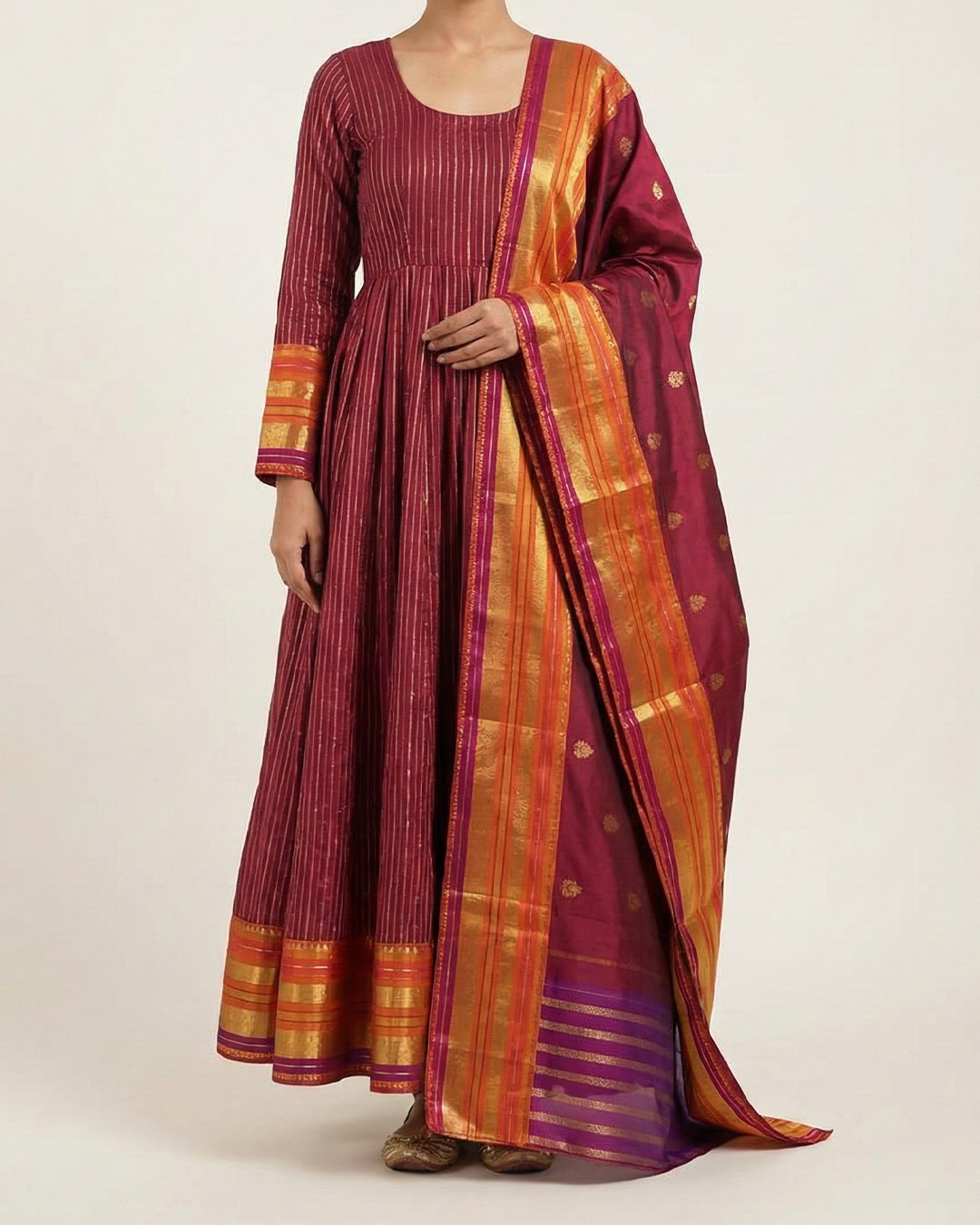 Red Handwoven Tussar Embroidery Anarkali