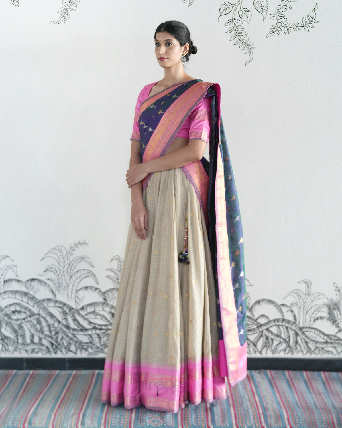 Beige Handwoven Gadwal Silk Lehenga