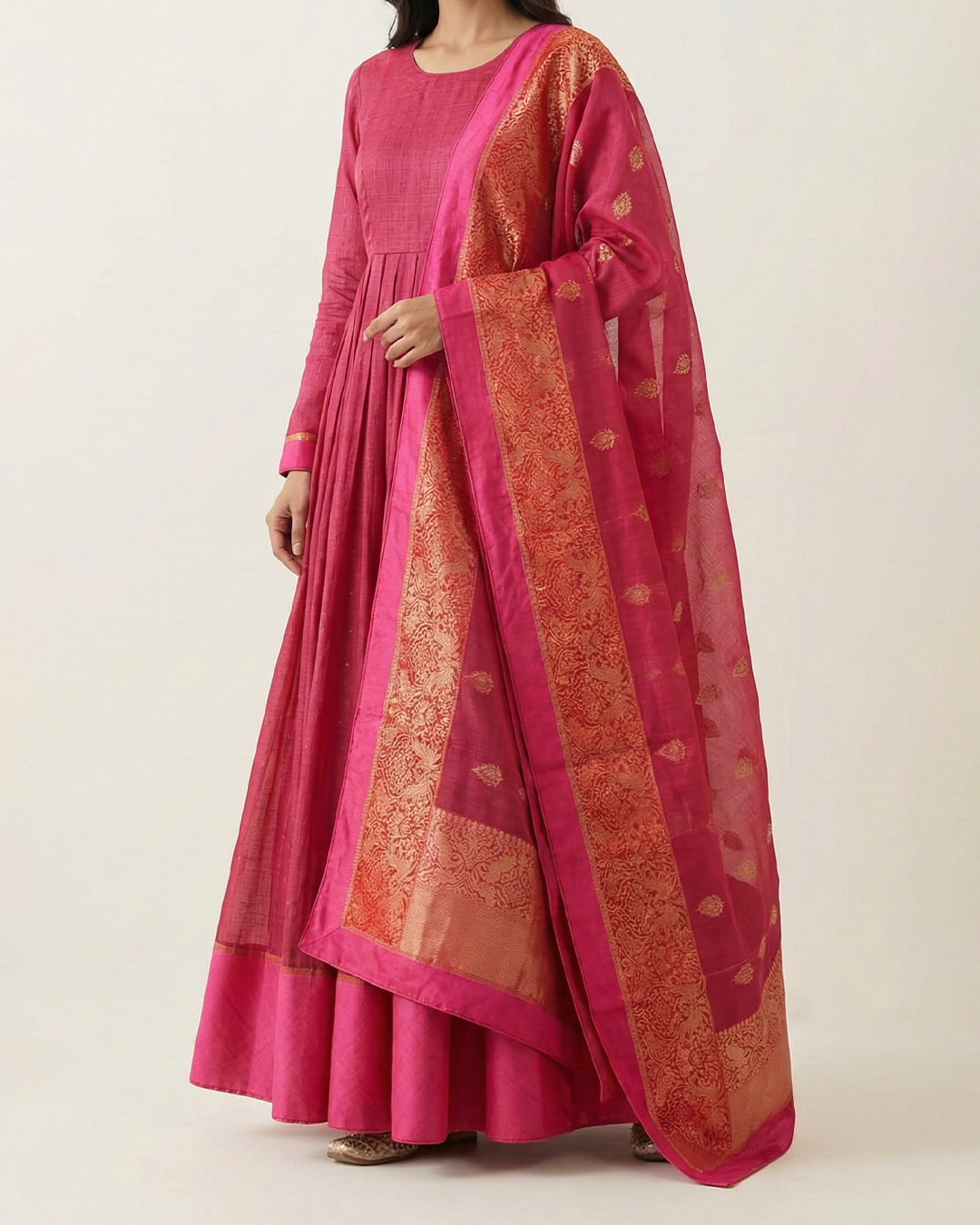 Pink Handwoven Tussar Kota Anarkali